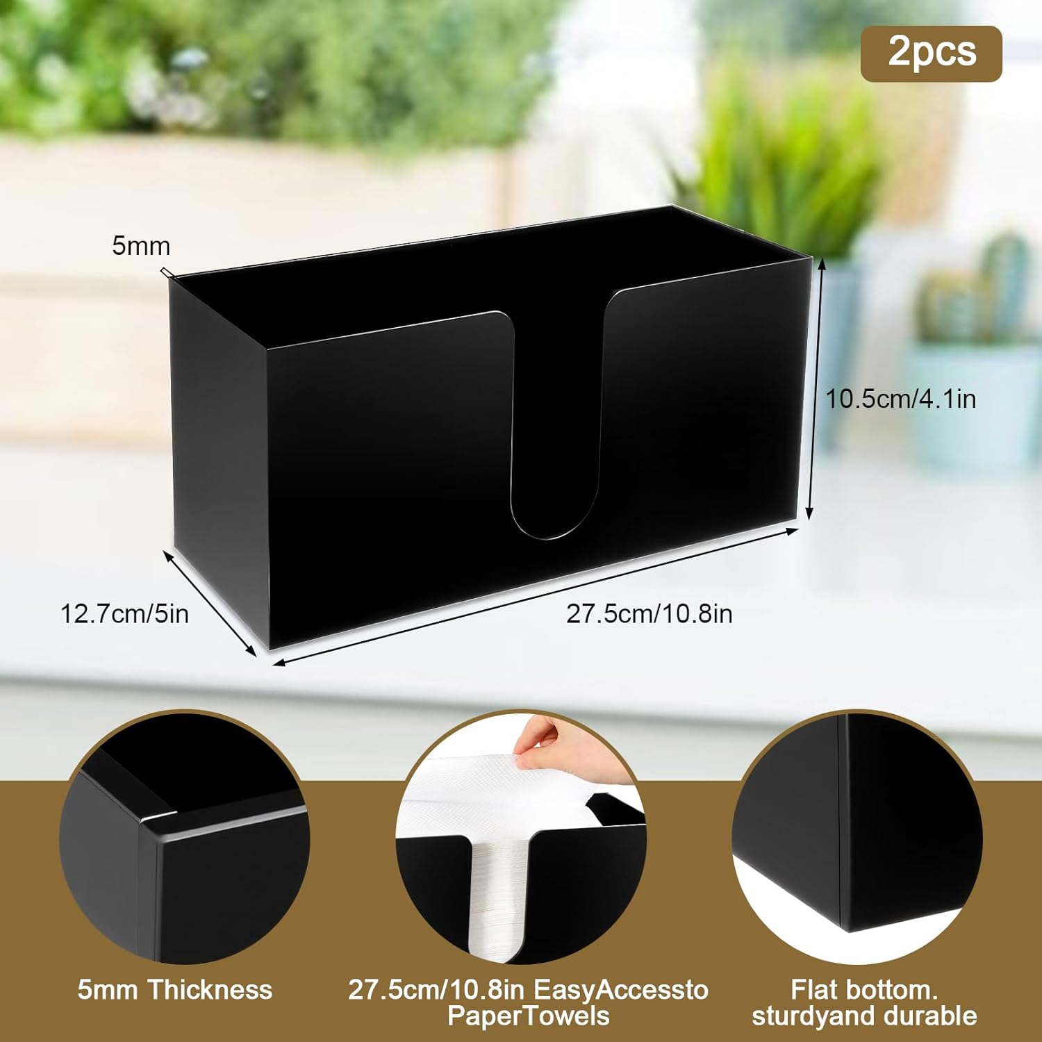 2Pack Black Paper Towel Holder Countertop, 10.8 × 5 Inch Acrylic Napkin Dispenser, Paper Towel Dispenser for Z-fold C-fold MultiFold Trifold-Bathroom Toilet Kitchen