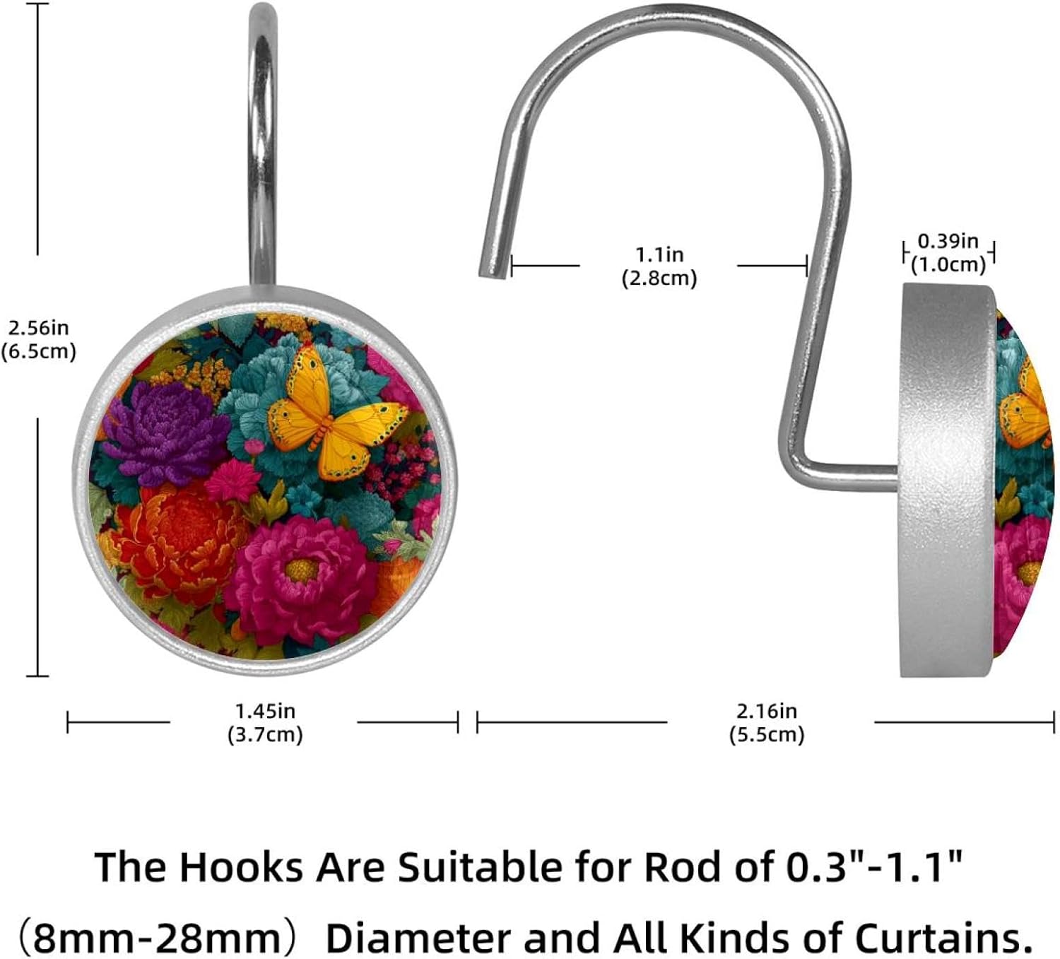 12PCS Floral Background with Butterfly (2) Shower Curtain Hooks Rings for Bathroom, Decorative Shower Curtain Hooks Rods Curtains and Liner
