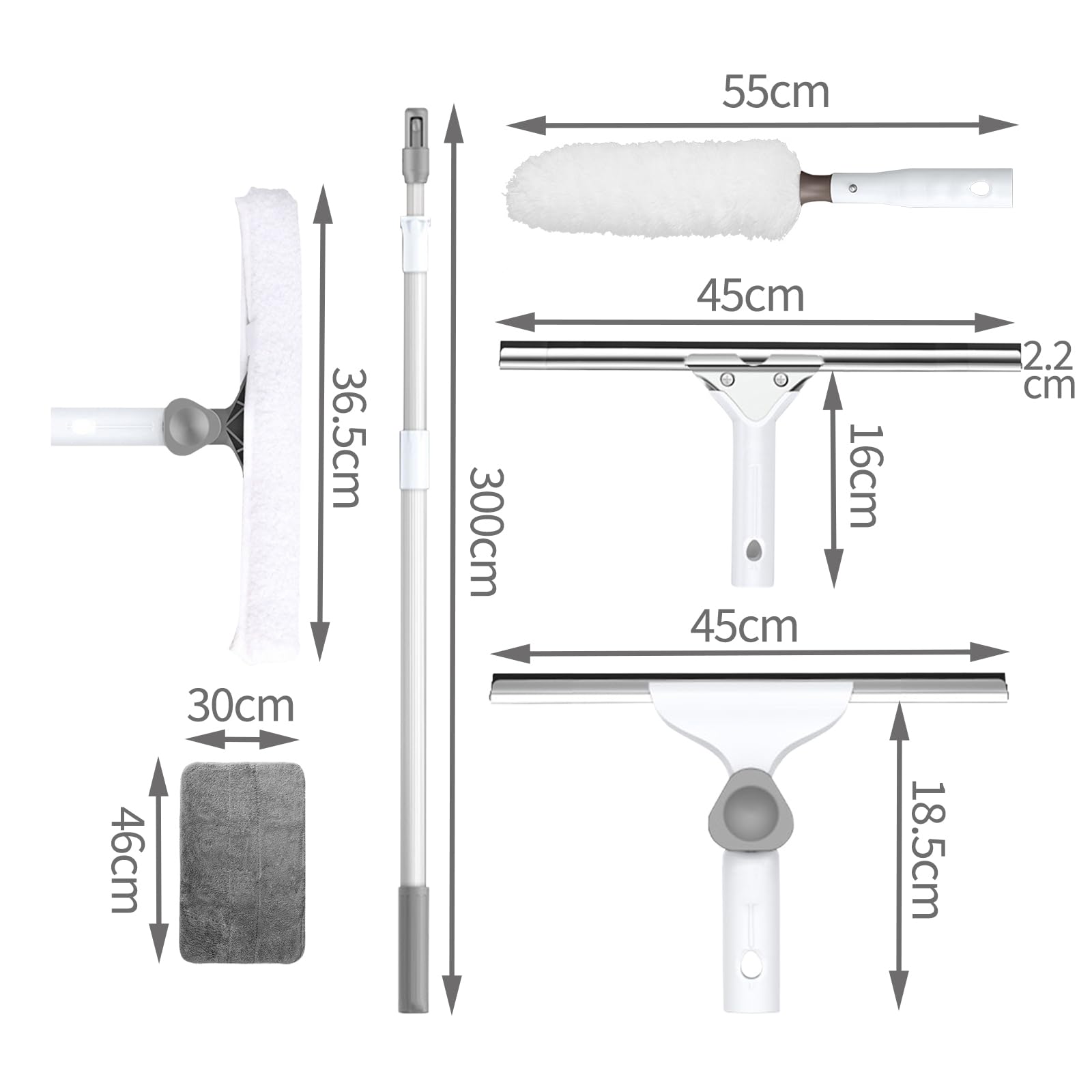 Rasqueta Limpiacristales Telescópico Profesional,Escoba Mágica con telescópico Mango,rascadora 45cm,Plumero 55cm,para Ventanas Altas, Ducha, Vidrio, Automóvil (300cm)