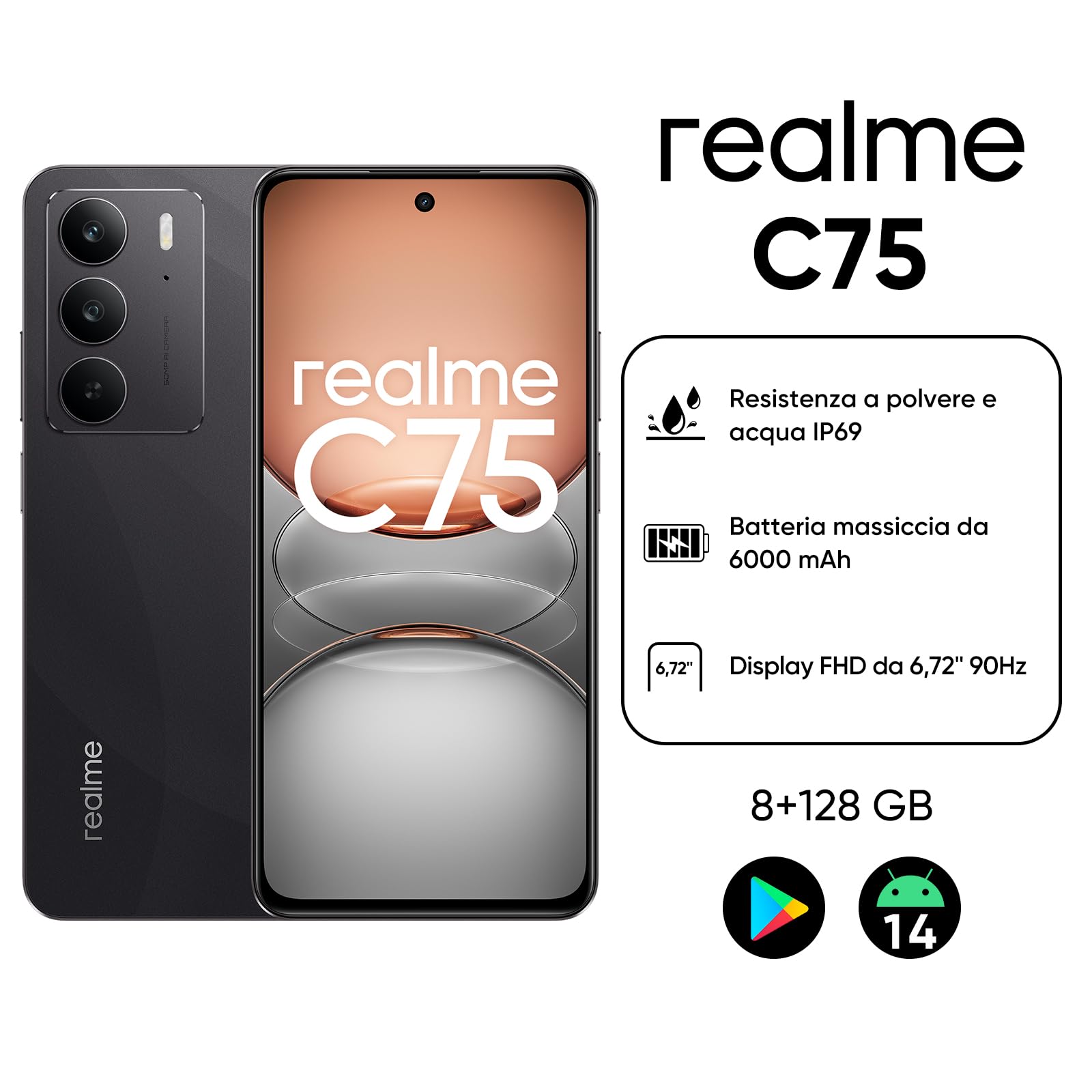 realme C75 4G Smartphone, 6.72'' FHD Display, 6000mAh Batteria, 8+128GB Cellulare, 50MP AI Fotocamera, IP69 Resistenza a polvere e acqua, Helio G92 Max Chipset, Nero, Senza Adattatore