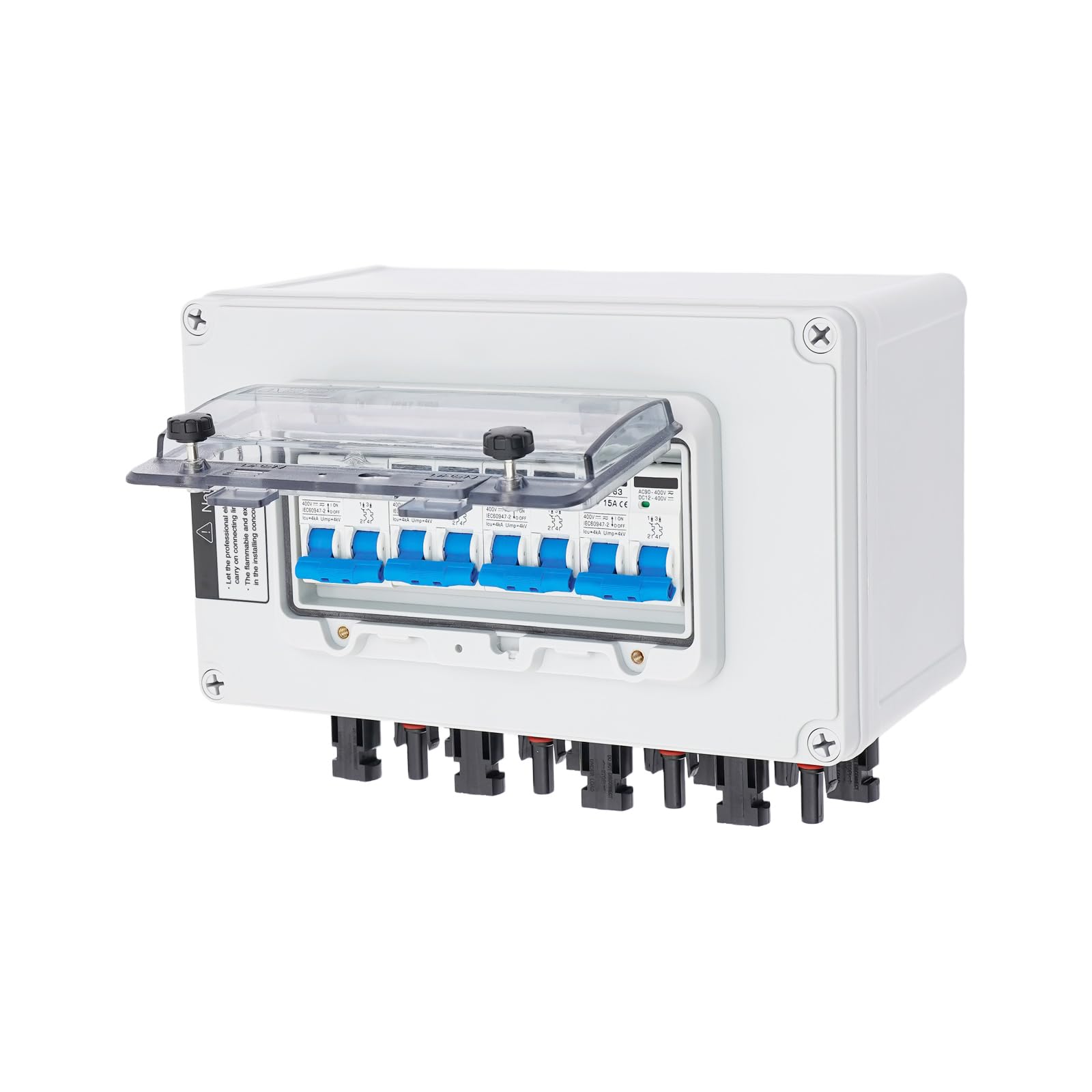 Solarna skrzynka przyłączeniowa DC 12-400 V, ochrona przed przepięciem, PV, montaż ścienny, 15 A, wyłącznik automatyczny, skrzynka kombi PV, 4 w 4, IP67, z okienkiem do solarnych kamperów