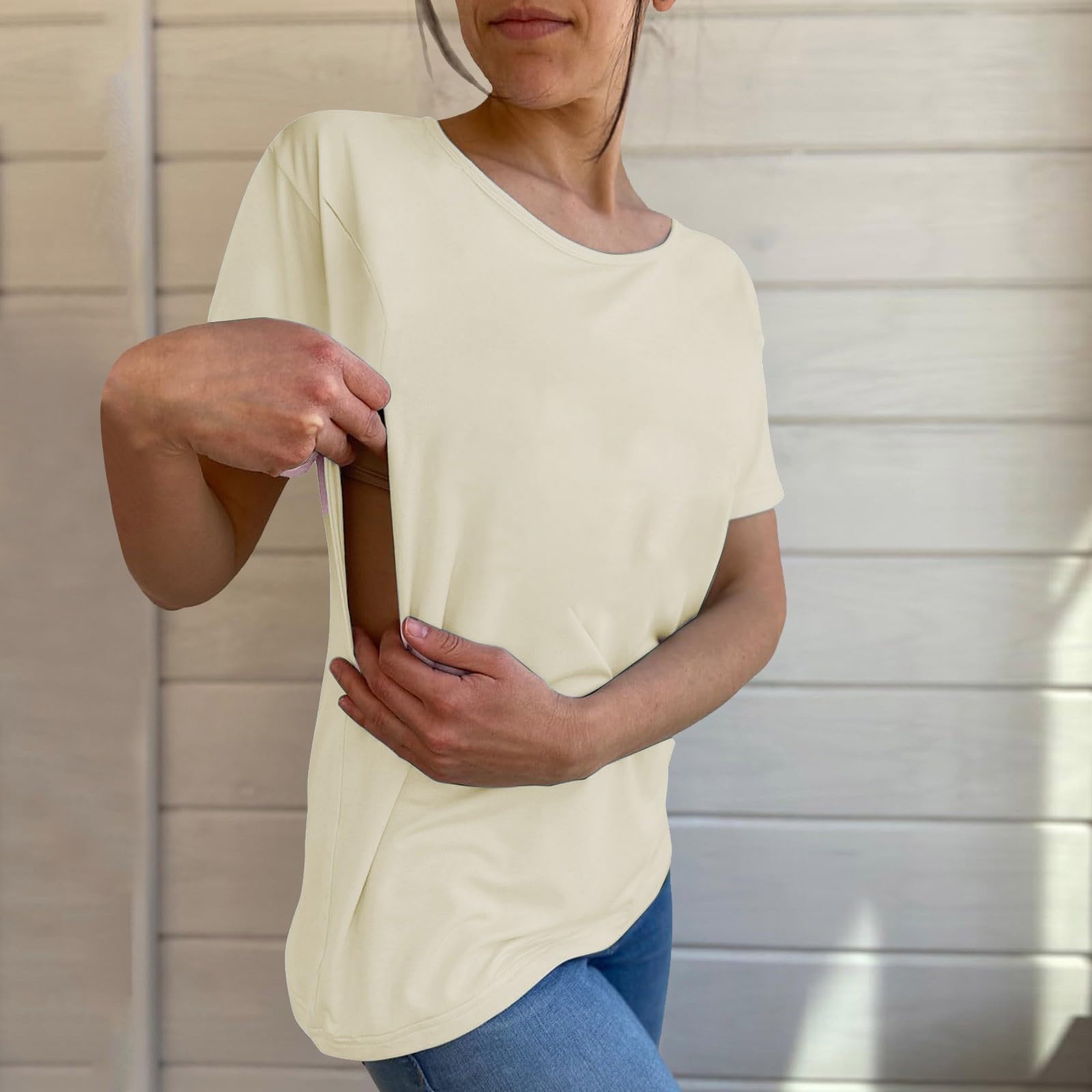 Stilltops Damen Kurzarm Solid Rundhalsausschnitt mit Reißverschluss lose Ärmel Top Bequem Einfach Elegant Umstandsshirt Stillfreundliches Umstandsmode T-Shirt