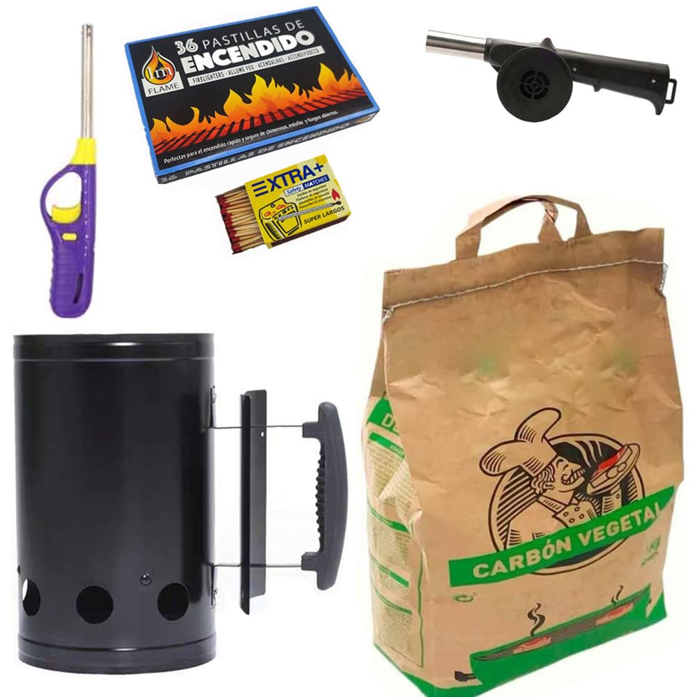 Kit de Barbacoa, Encendedor de Carbón de Acero Inoxidable + Carbón Vegetal 2,8 kg + 36 Pastillas de Encendido + 1 Caja Cerillas + 1 Ventilador de barbaco.