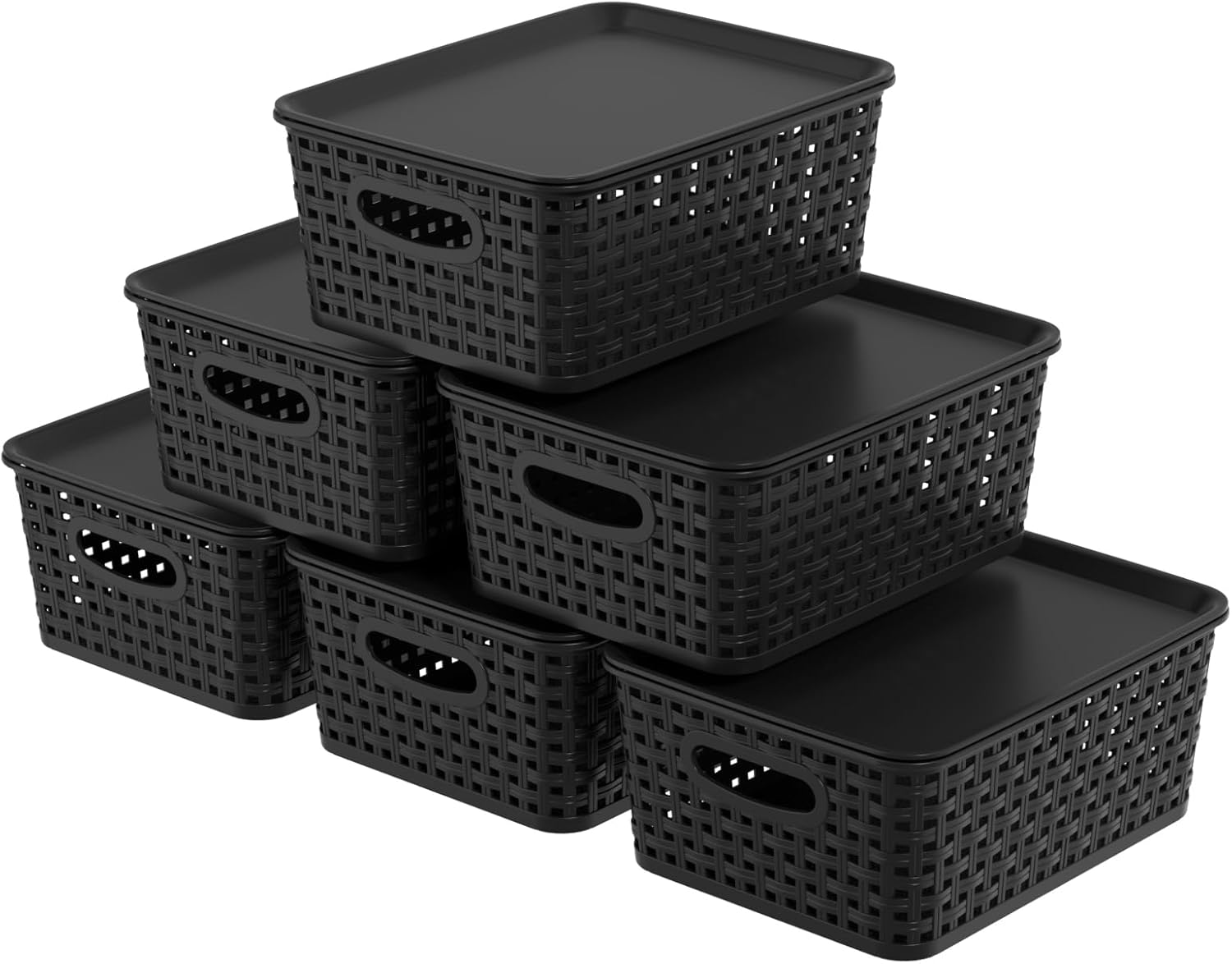 Plastic Weave Storage Bins with Lids, Plastic Organizing Baskets with Lid, Black, 6 Packs