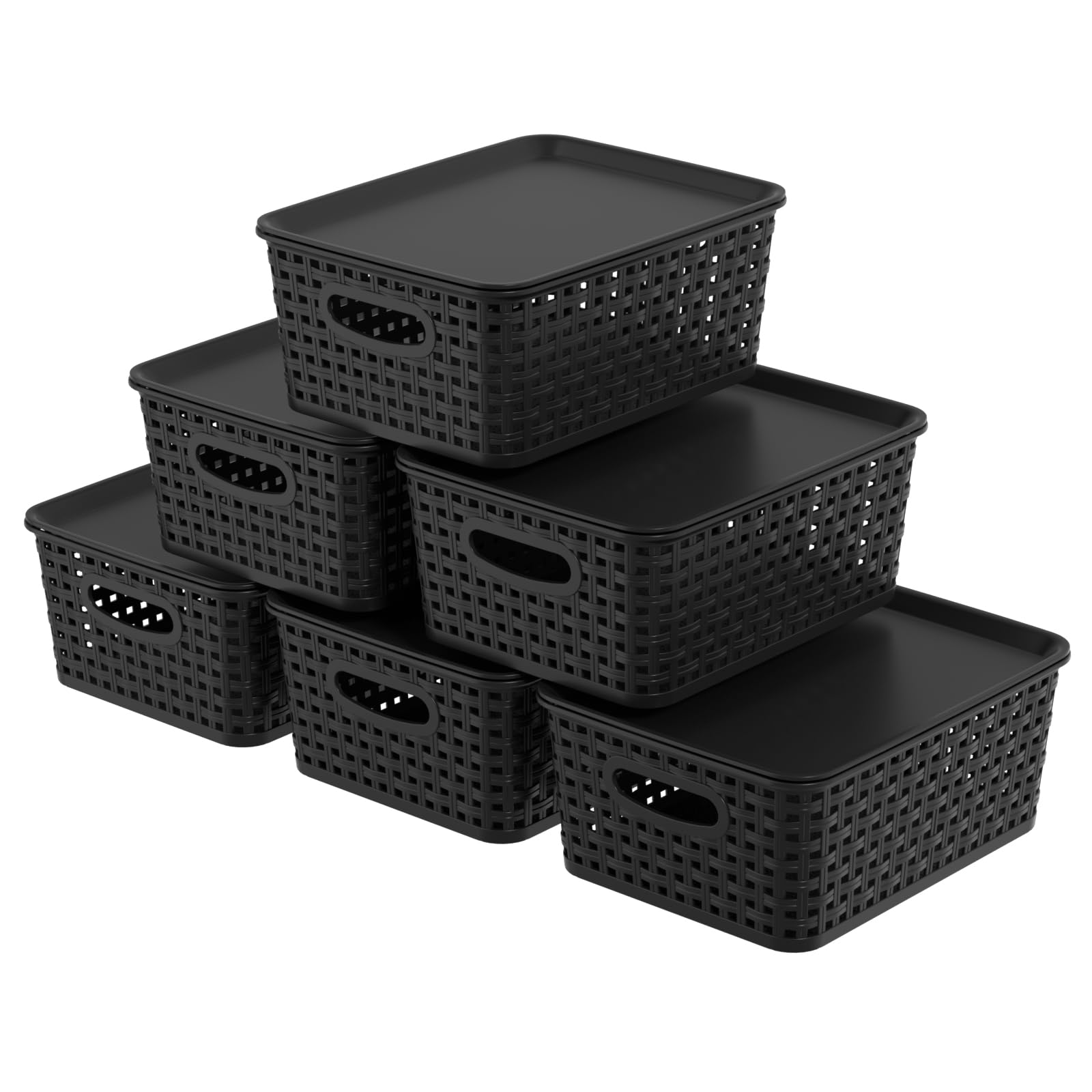 Lot de 6 paniers de rangement en plastique noir tressé avec couvercle amovible