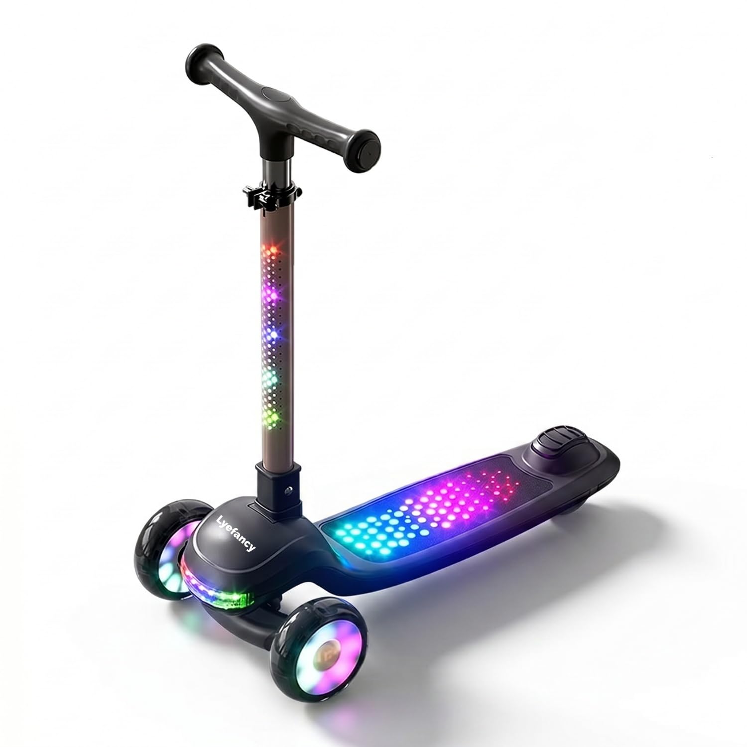 Lyefancy 3 Wheel Scooter for Kids Age 2-12, Children Folding Scooter with Led Light and Music, 4 Adjustable Height, Flashing PU Wheels, Lean to Steer, Flashing Body and Deck(Black)