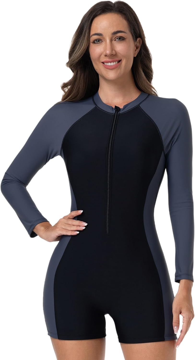 Woman's UPF 50+ Long Sleeve Shorty Wetsuits Zip Neck Rash Guard Athletic Swimsuits Bathing Suits