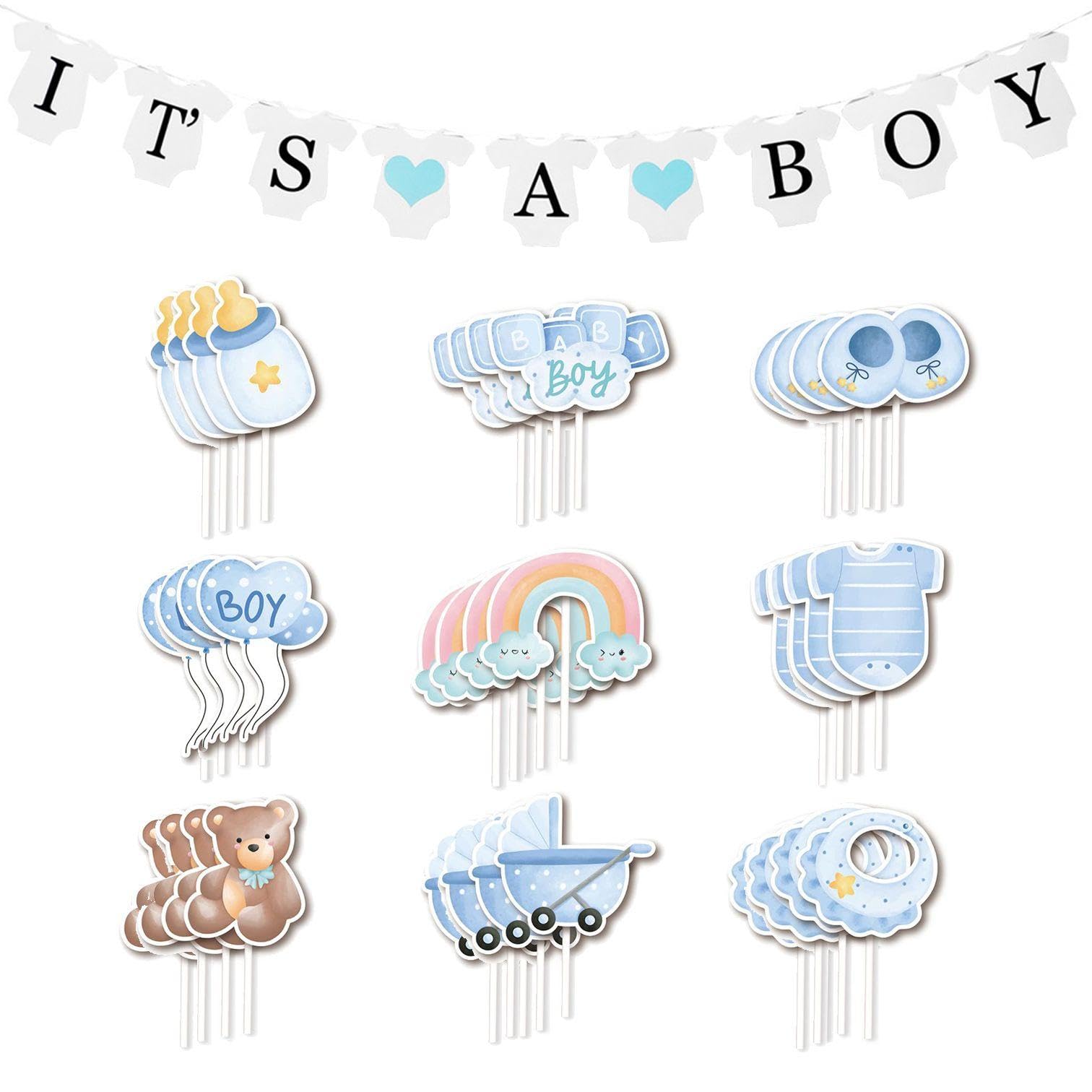 Eowvisn Men's Multicolor 36 Pieces Of Baby Boy Placards And 1 Piece Of Flag, Newborn Party Cake Plug-In, Cute Cartoon Decoration Supplies, Suitable For Baby Boy Baptism, First Birthday Scene.