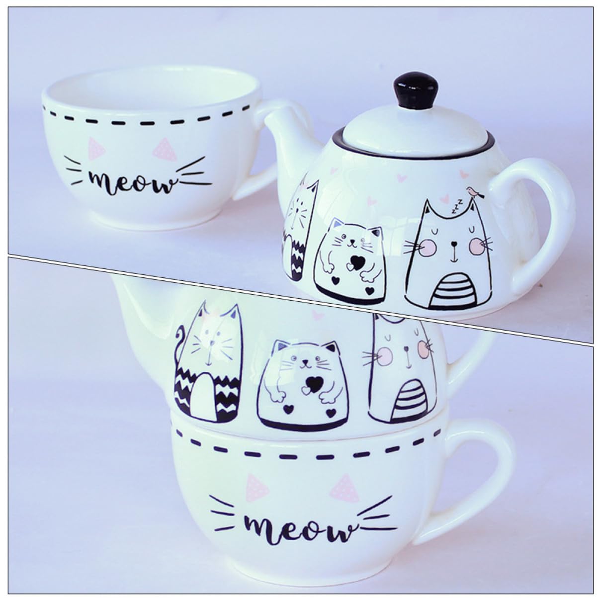 Garneck Théière à Motif De Chat Céramique Ensemble De Tasses à Thé Créatives Pour Maison Kit De Théière Avec Tasse à Thé