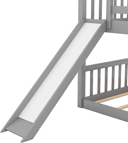 Miniatura 8 de Litera individual sobre individual con tobogán litera de suelo con tobogán convertible y escalera marco de cama baja de madera para niños