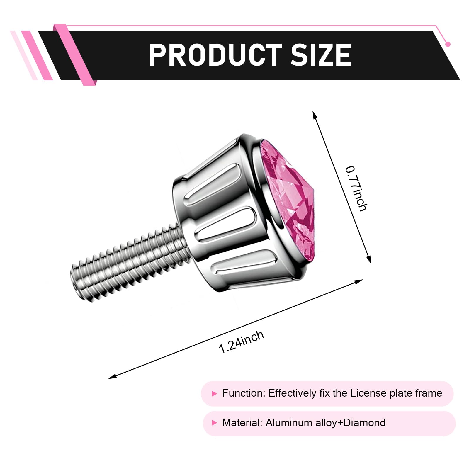 4 PCS Car Bling License Plate Screw Caps, Rhinestone Decorative Bolt Cover, Rustproof Anti-Theft Fastener with Different Size Screw, Exterior Accessory for Car Truck Motorcycle SUV (Pink)