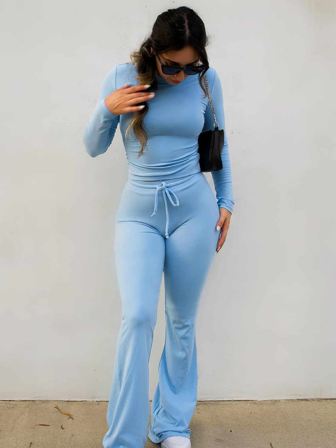 YEOREO Two Piece Sets for Women Long Sleeve Tops Lounge Set Drawstring Wide Leg Pants Ava Matching - Image 5