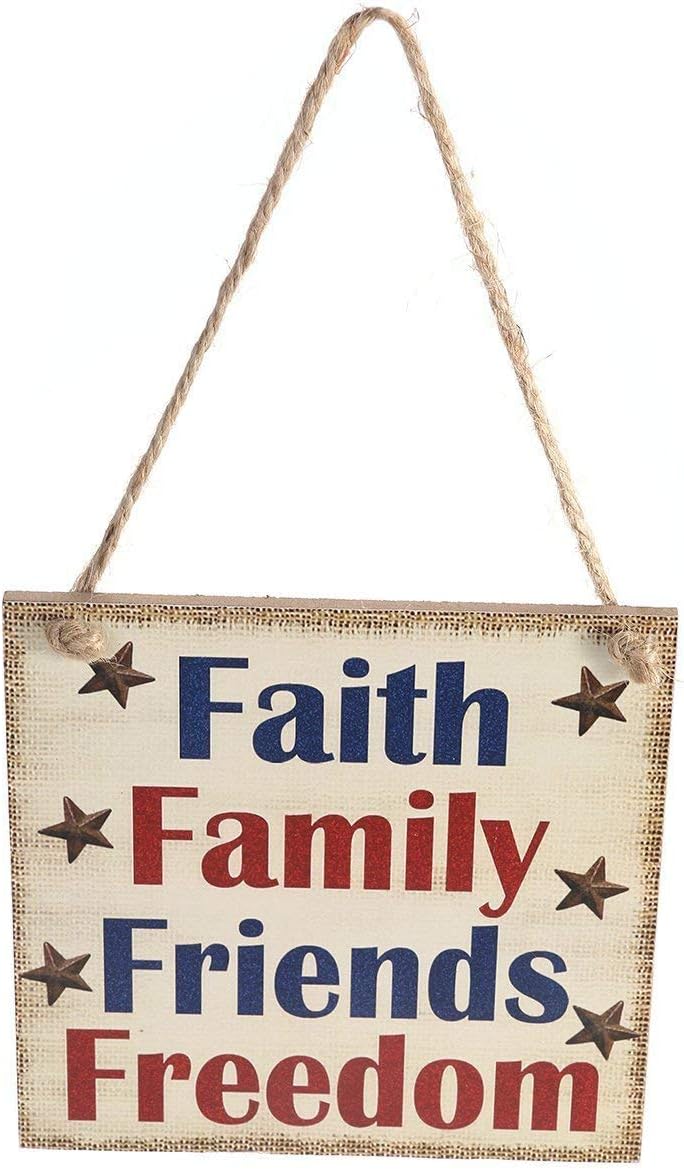 Soochat 4th of July Wooden Hanging Sign,Patriotic Wooden Hanging Sign,Fourth of July Independence Day Decorations,Faith Family Friends Freedom