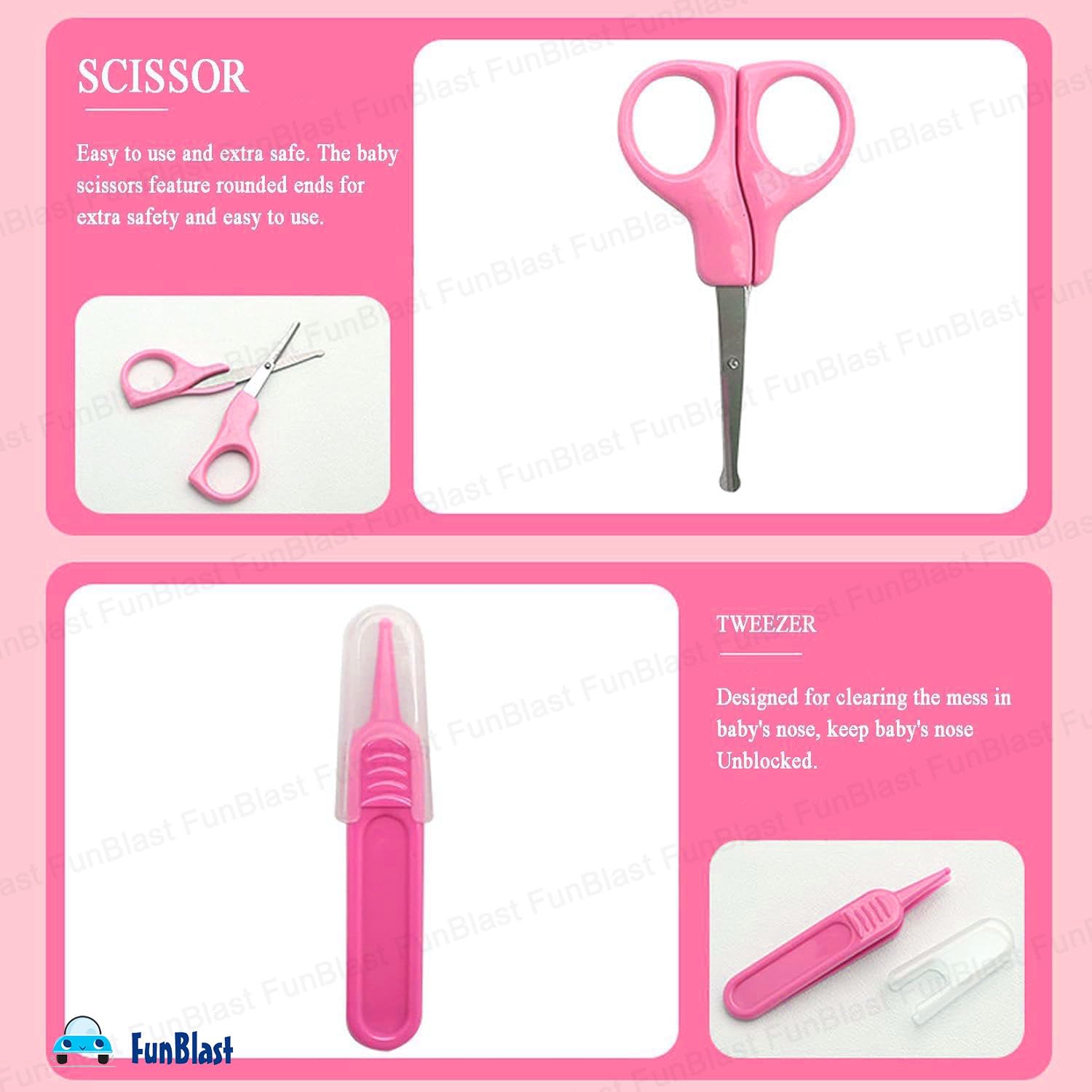 Funblast Baby Grooming Kit - 10 pieces baby toddlers manicure grooming kit with nail, hair, year grooming tools, healthcare accessories Kit New Born Baby & Toddlers (Pink -B) for Kit Funblast Baby Grooming Kit - 10 pieces baby toddlers manicure grooming kit with nail, hair, year grooming tools, healthcare accessories Kit New Born Baby & Toddlers (Pink -B) for Kit