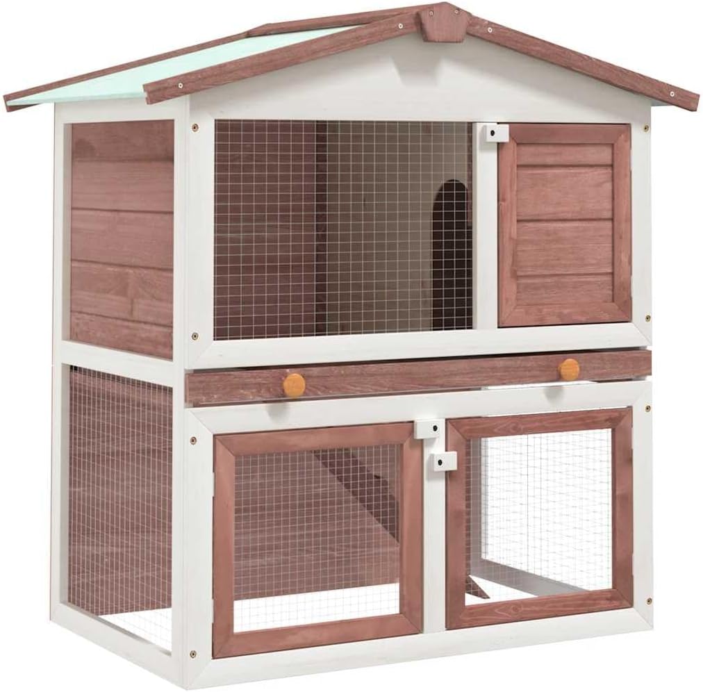 Rabbit Hutch Outdoor Wooden Bunny Cage, Solid Pine Wood Small Animal House for Multiple Rabbits with Ramp and Tray, Two-Story Guinea Pig Habitat, 37 x 37 x 38.6 Inches