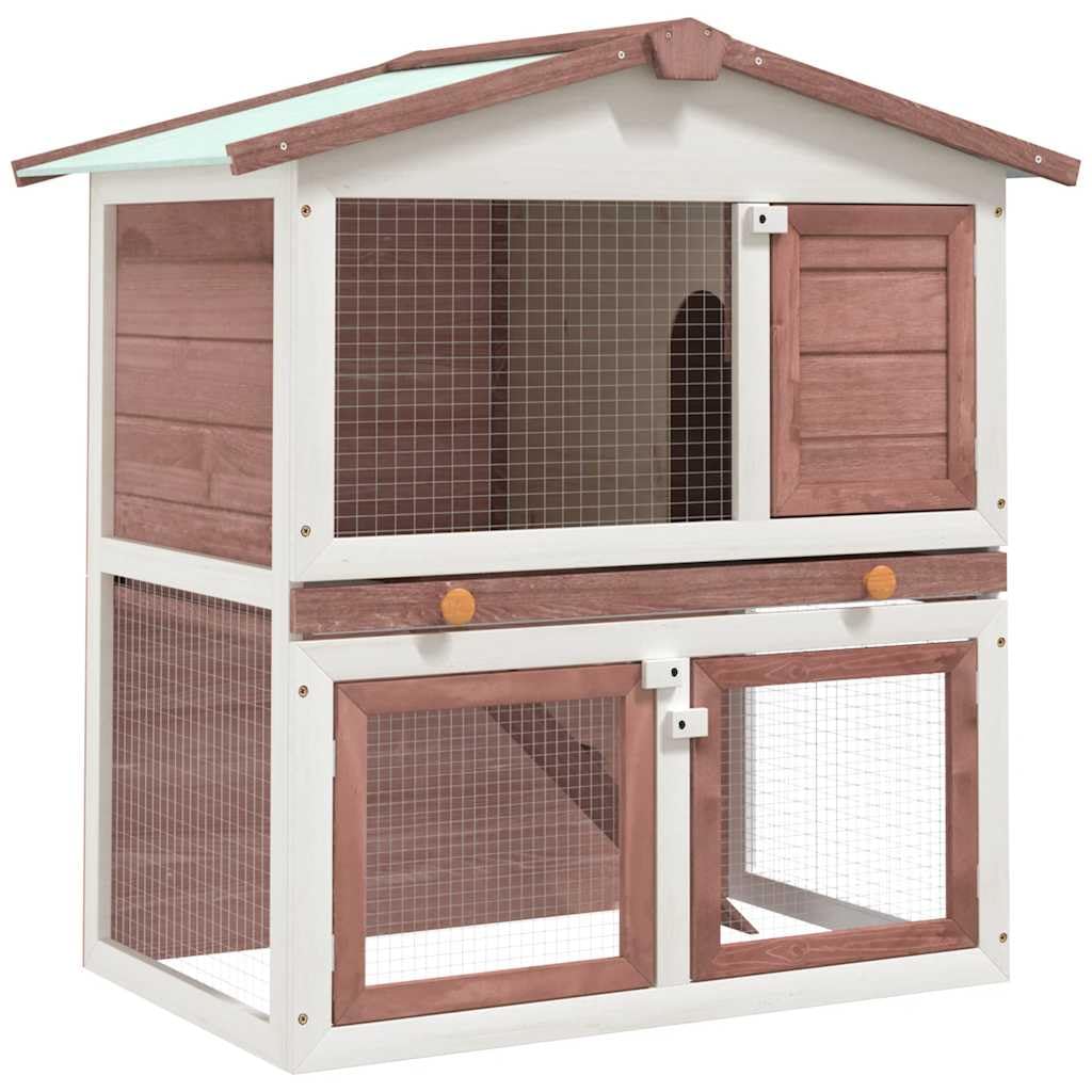 Conejera de madera marrón con 3 puertas, 2 niveles y rampa, jaula para animales pequeños con rejilla de alambre, techo impermeable, cajón para exterior, jardín, balcón, apartamento y refugio