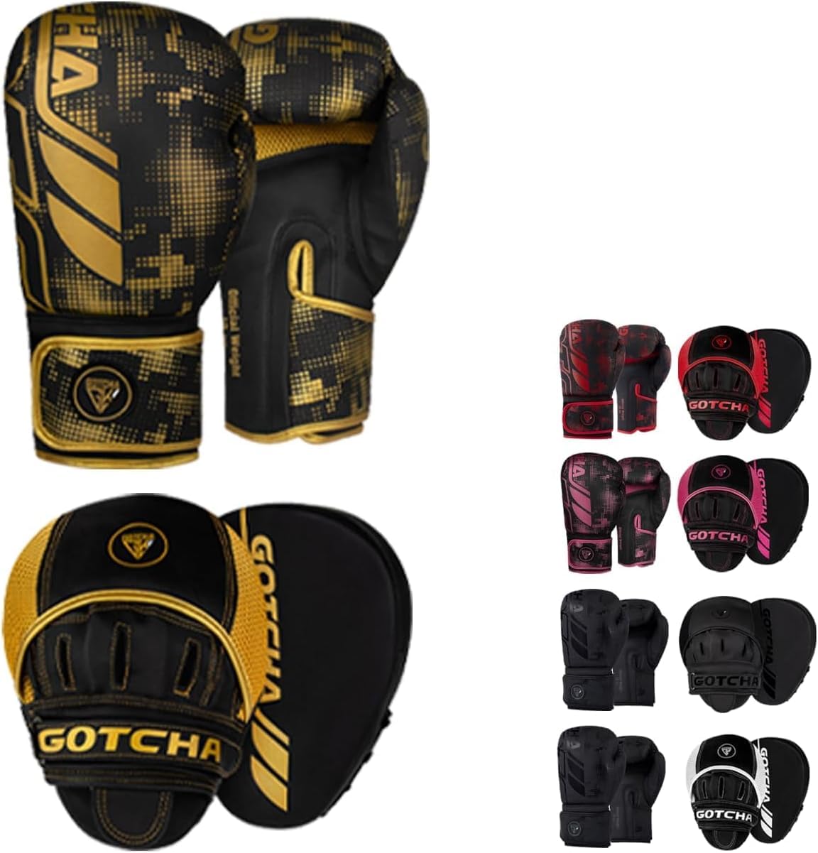 GotchaKart Boxing Gloves and Pads Set – Adults Men Women Kickboxing MMA Muay Thai Punching Gloves with Curved Focus Pads | Training Sparring Martial Arts Fitness (Black Golden, 10oz)