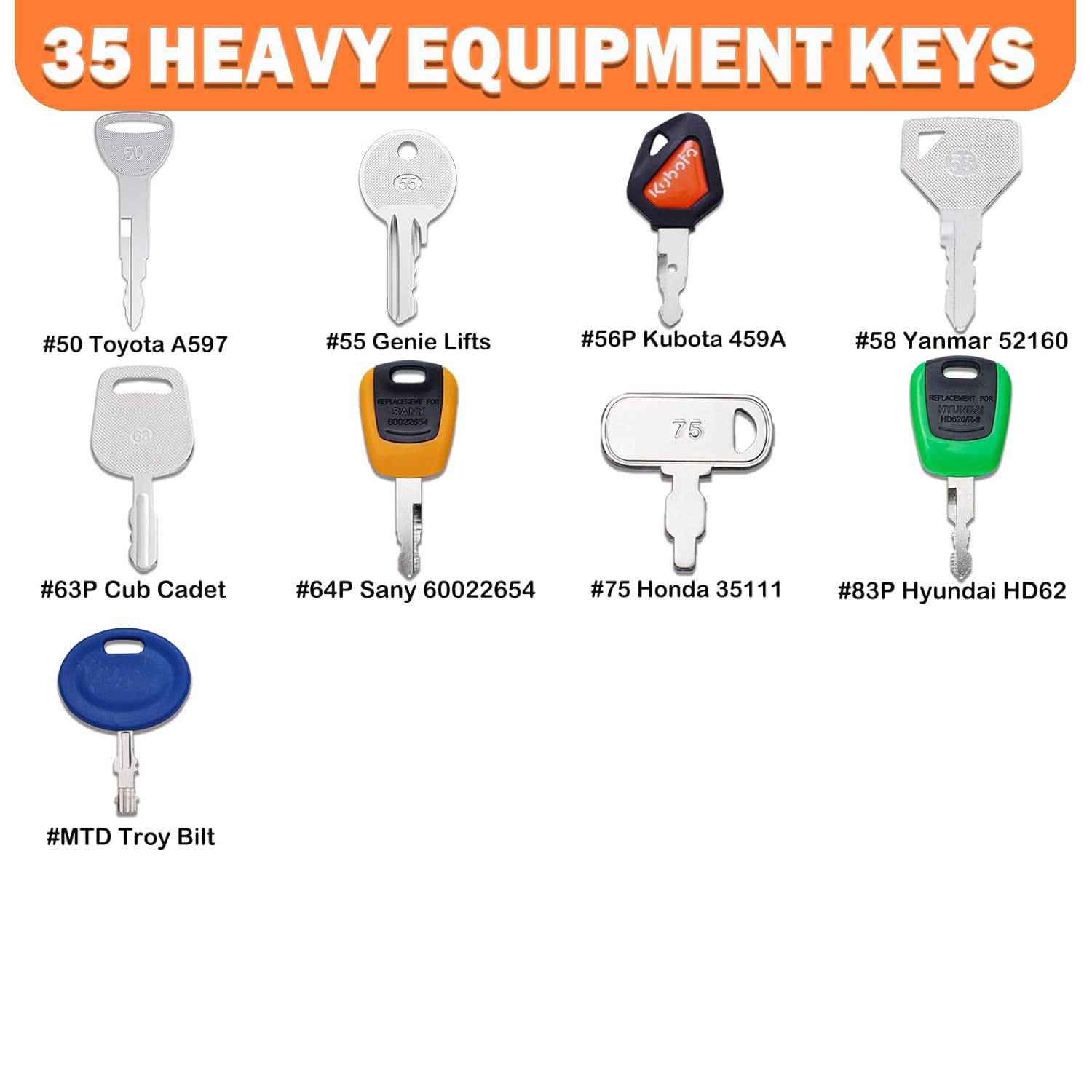 35 Heavy Equipment Key Master Set Full Coverage Keys for CAT JCB Bobcat JLG Terex Komatsu John Deere Yammar Takeuchi Ford New Holland Case Daewoo Kubota Hyster Ferguson Hyundai Construction Machine