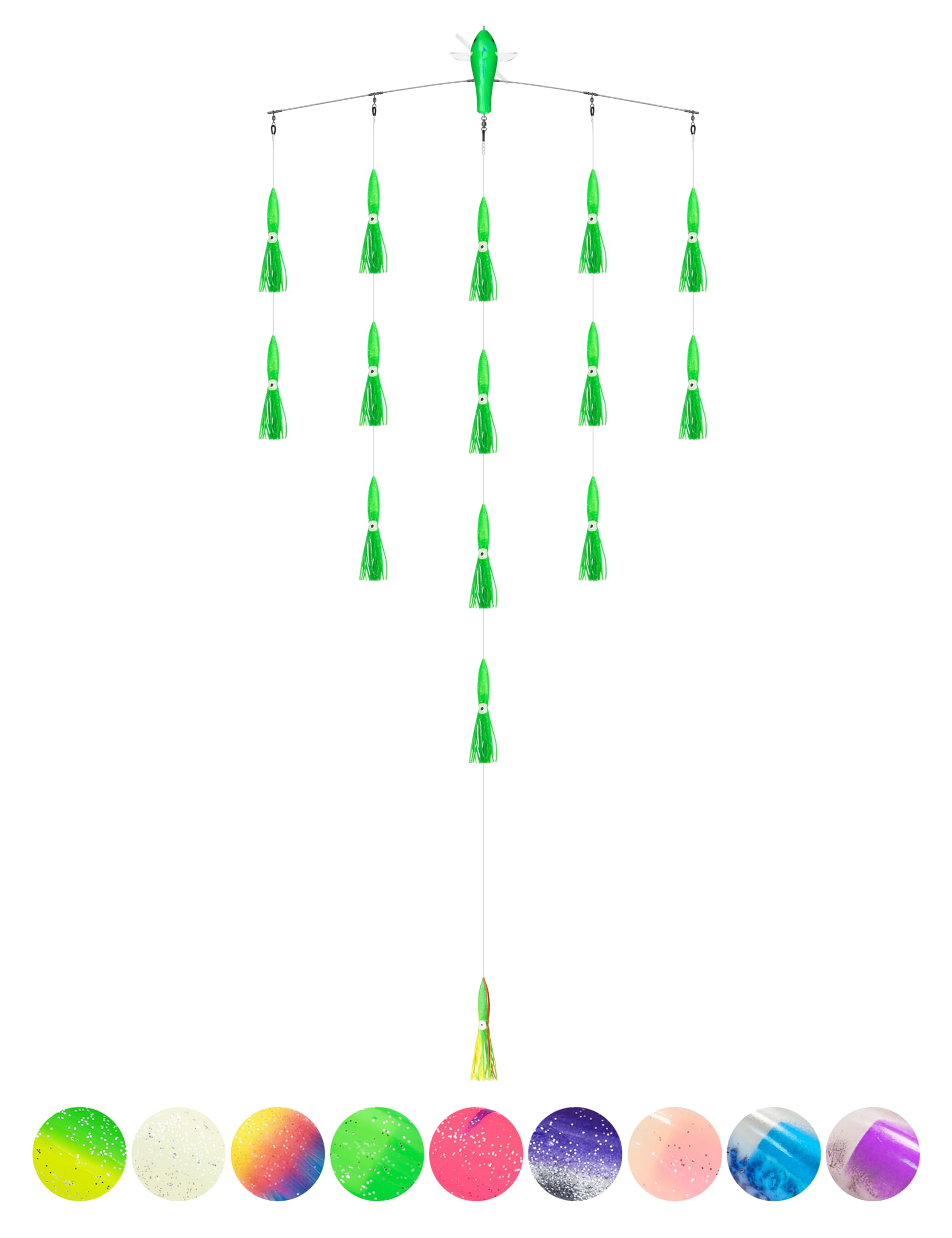 BLUEWING 36" Upgraded Fishing Spreader Bar Port Walker Offshore Trolling Spreader Bar with 9" Bulb Squids and 316 Stainless Steel Rod for Wahoo Tuna Marlin Mahi Mahi, Green