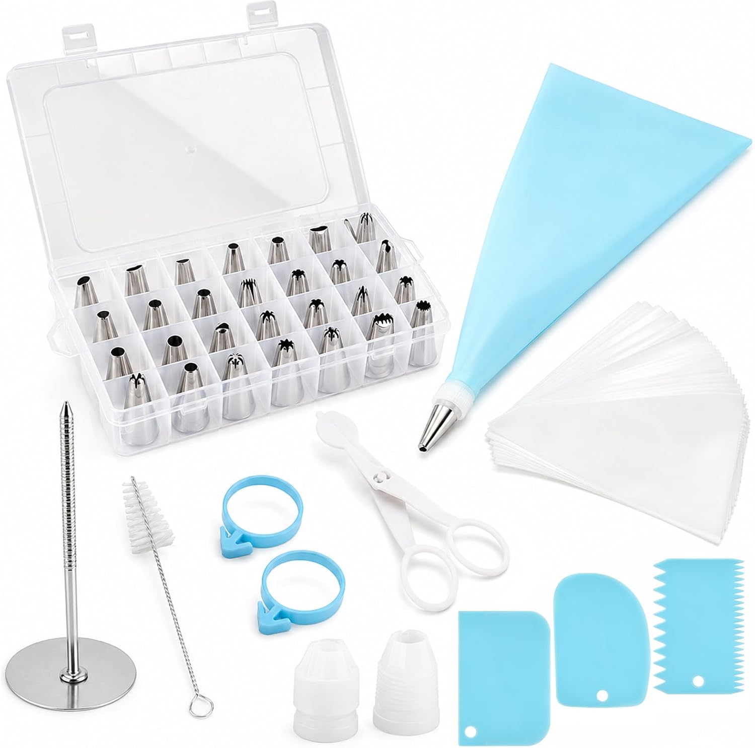 Piping Bags and Tips Set, 124 Pcs Cake Decorating Supplies with 55 Piping Tips, 50 Pastry Bags for Cookie Cupcake Cake Decoration, Baking Supplies for Home Bakers