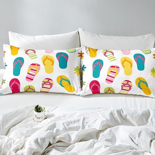 Miniatura 7 de Erosebridal Juego de ropa de cama con diseño de dibujos animados y chanclas kawaii, juego de cama matrimonial con temática de vacaciones de verano,