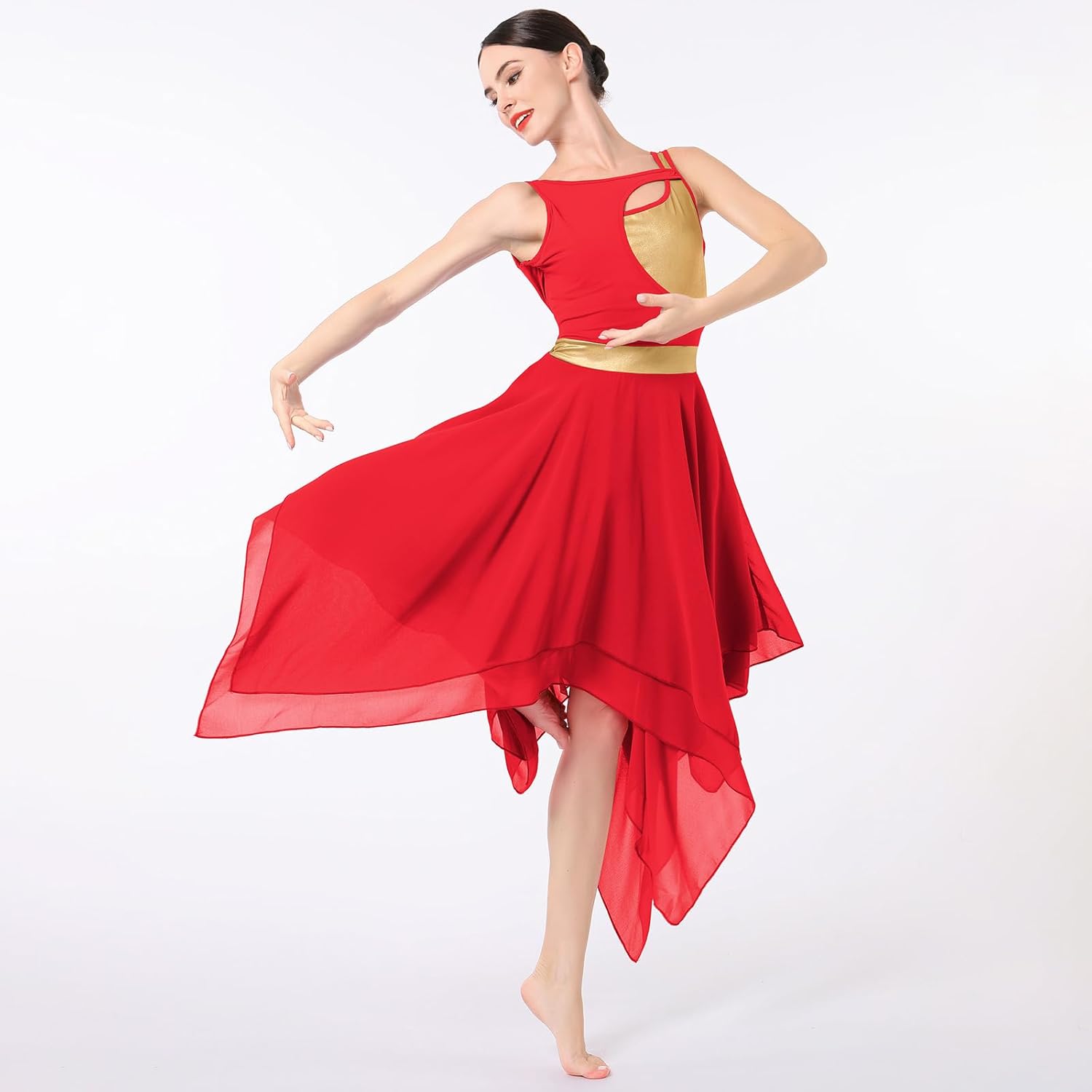 ODASDO Lyrical Dance Costumes for Women Contemporary Dancewear Sleeveless Cut Out Front Mesh Tulle Maxi Dress XS-XL