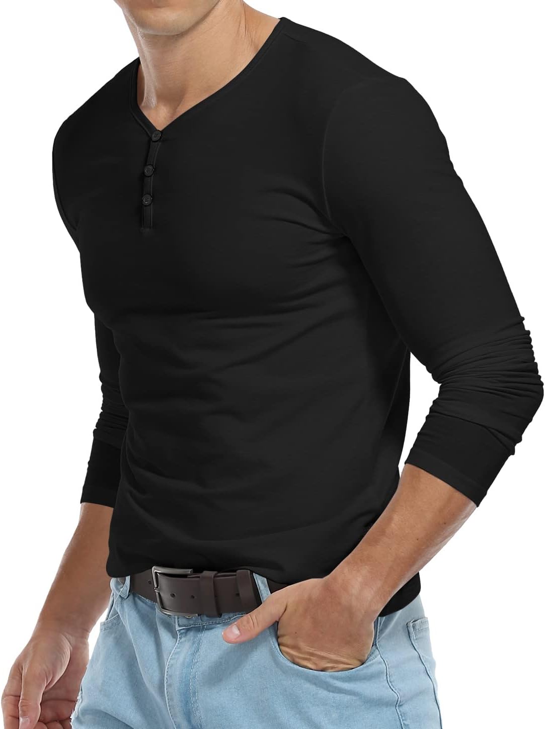 KUYIGO Men's Henley Shirts Short Long Sleeve Casual Summer Slim Fit Cotton Shirt - Image 3