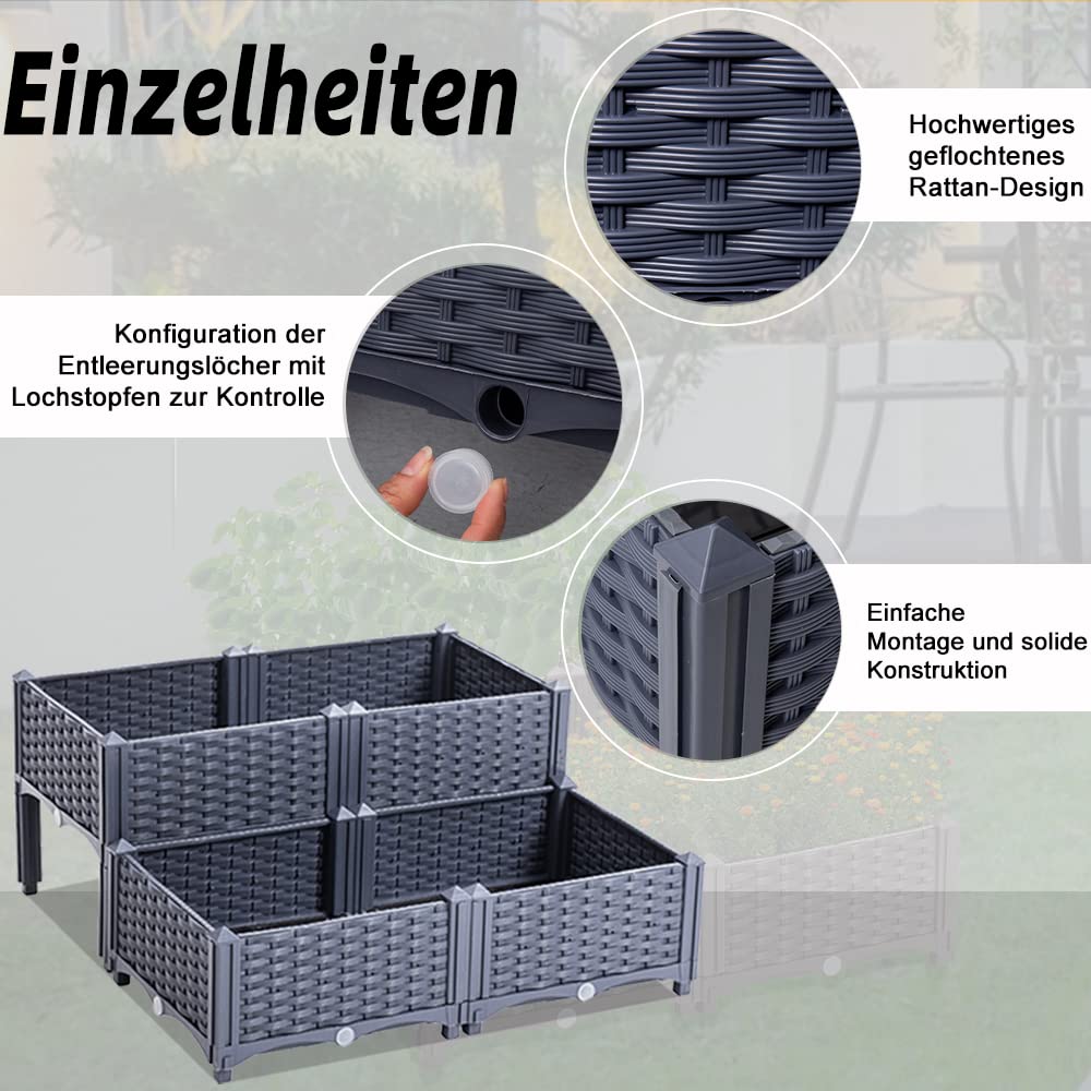 Mingone Pflanzkübel & Blumenkübel Outdoor – Wasserspeicher, Drainage – selbstbewässernd für Kletterpflanzen, ideal für Balkon, Terrasse & Garten (80×80×23-38cm, Rattan-Optik Graublau)