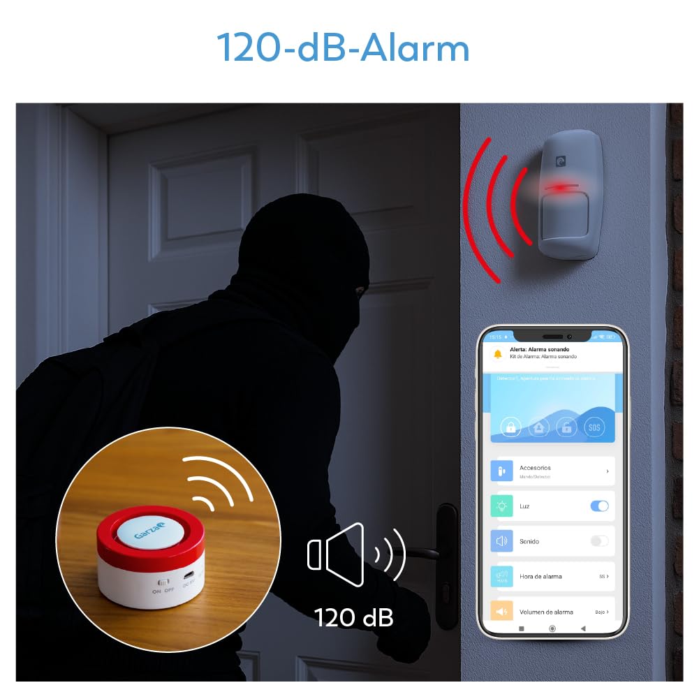 Garza - Intelligentes WLAN-Alarmsystem-Set für zu Hause, 120 dB Sirene, Bewegungssensor und Tür-/Fensteröffnung, Alarm ohne Gebühren, 2,4 GHz WLAN, Fernbedienung per App