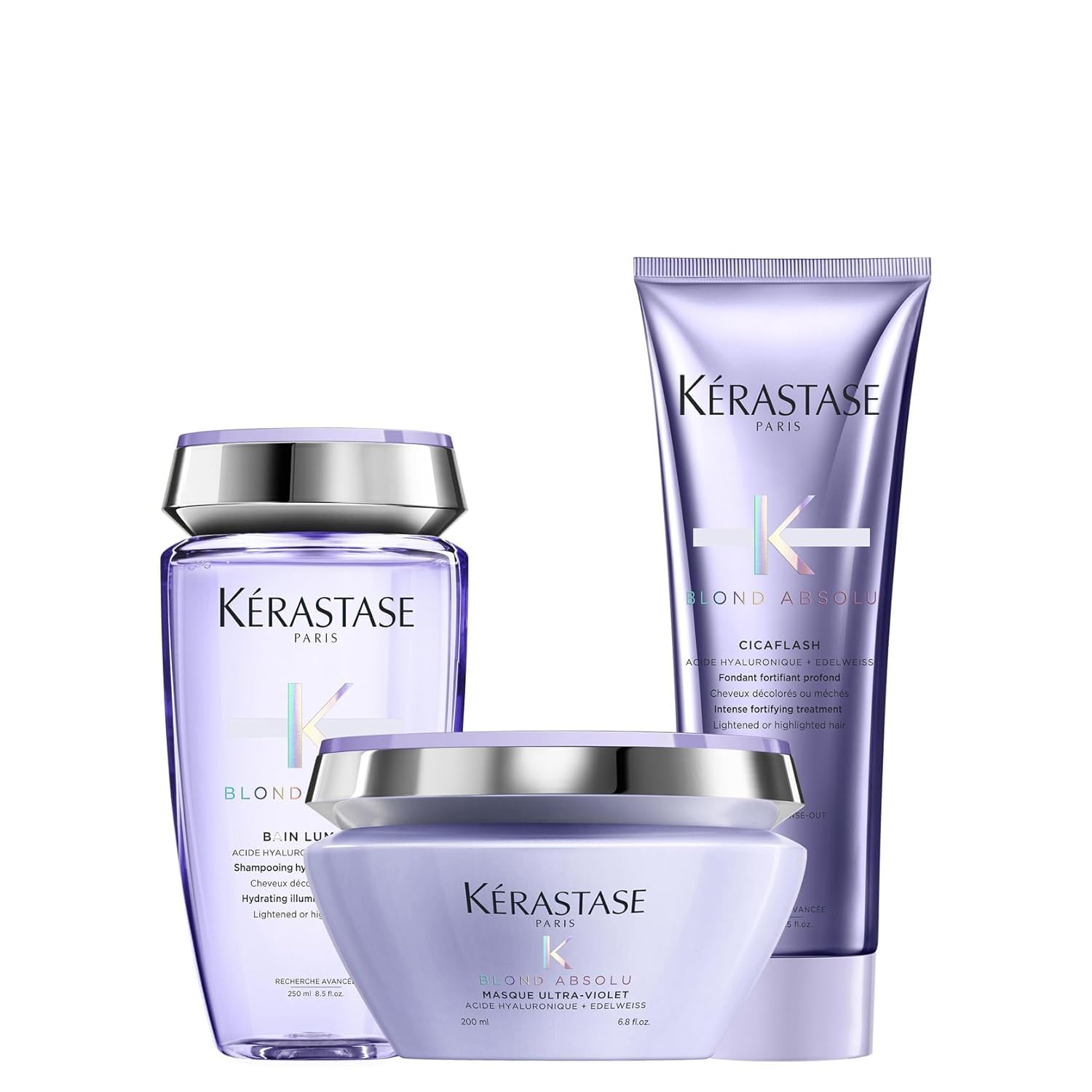Kérastase Blond Absolu, Rutina para todo tipo de cabello rubio, Champú hidratante, Acondicionador restaurador y Mascarilla ultravioleta, Para cabello rubio o con mechas