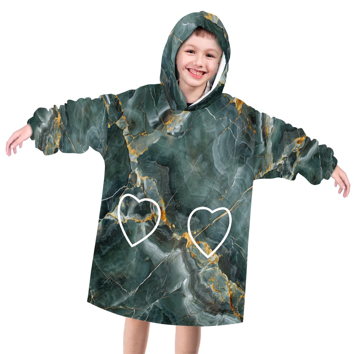 Pardick Wearable Blanket Hoodie for Kids, Green Gold Marble Fleece Sweatshirt Blanket Oversized Blanket Sweatshirt with Pocket Flannel Warm Hooded Blanket 6-10 Year Old Girl Boy Gift, One Size