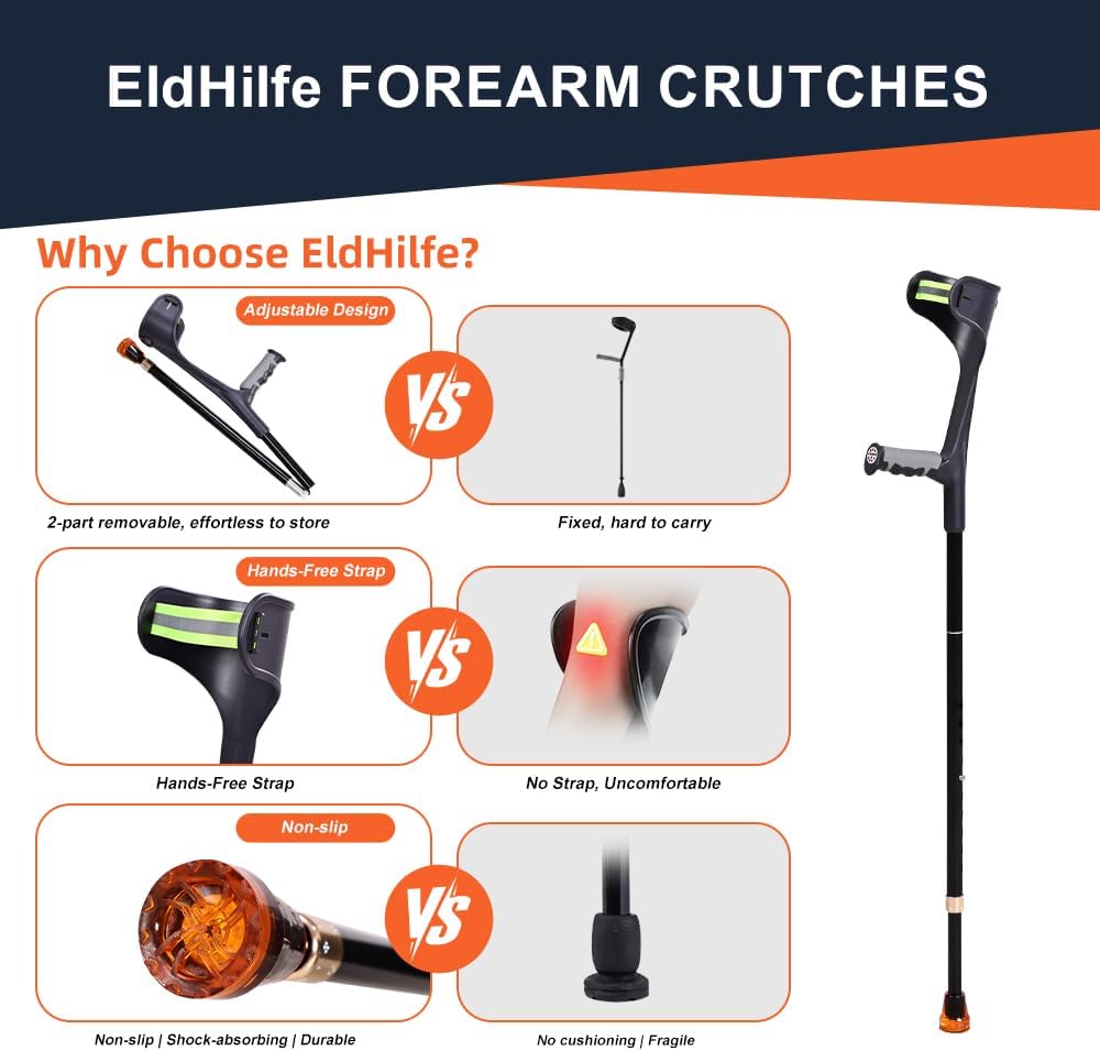 Folding Forearm Crutche for Adults - 10-Level Adjustable Telescopic, Lightweight Aluminum and TPR, Fits 55.1-74.8in Height, 0.97lbs Mobility Aid (Black)-1PC