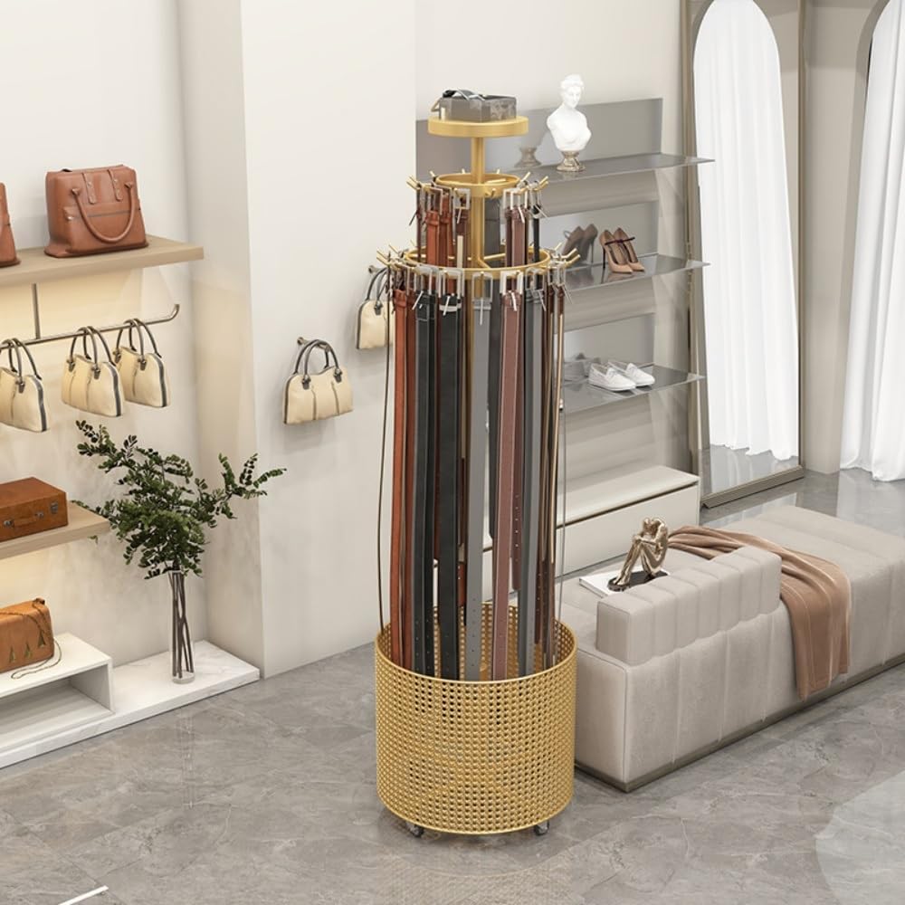 Floor Standing Metal Belt Display with Wheels, 360° Rotation Clothing Rack for Belt, Scarf or Ties, Mobile Belt Organizer for Supermarkets or Clothing Shops(White)