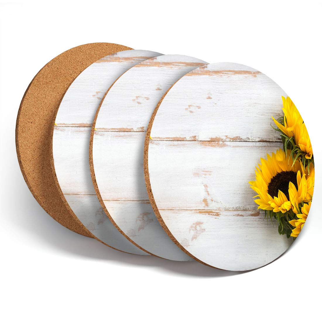 Destination Vinyl Coasters Multicolor 4 Set - Sunflower Pretty Yellow Flowers - Coasters Kitchen Drinks Coaster #14826