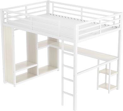 Queen Size Loft Bed with Built-in Wardrobe, Heavy Duty High Loft Bed Frame with Desk and Storage Shelves for Kids, No Noise, White