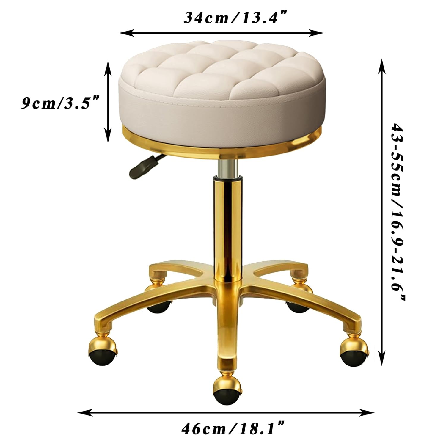 HZLCMPY Rolling Stool Gold Vanity Stool with Wheels, Pedicure Massage Roller Stools, PU Leather Round Swivel Salon Spa Chair, Titanium Gold Base, Height Adjustable 43-55 cm (Off White) HZLCMPY Rolling Stool Gold Vanity Stool with Wheels, Pedicure Massage Roller Stools, PU Leather Round Swivel Salon Spa Chair, Titanium Gold Base, Height Adjustable 43-55 cm (Off White)
