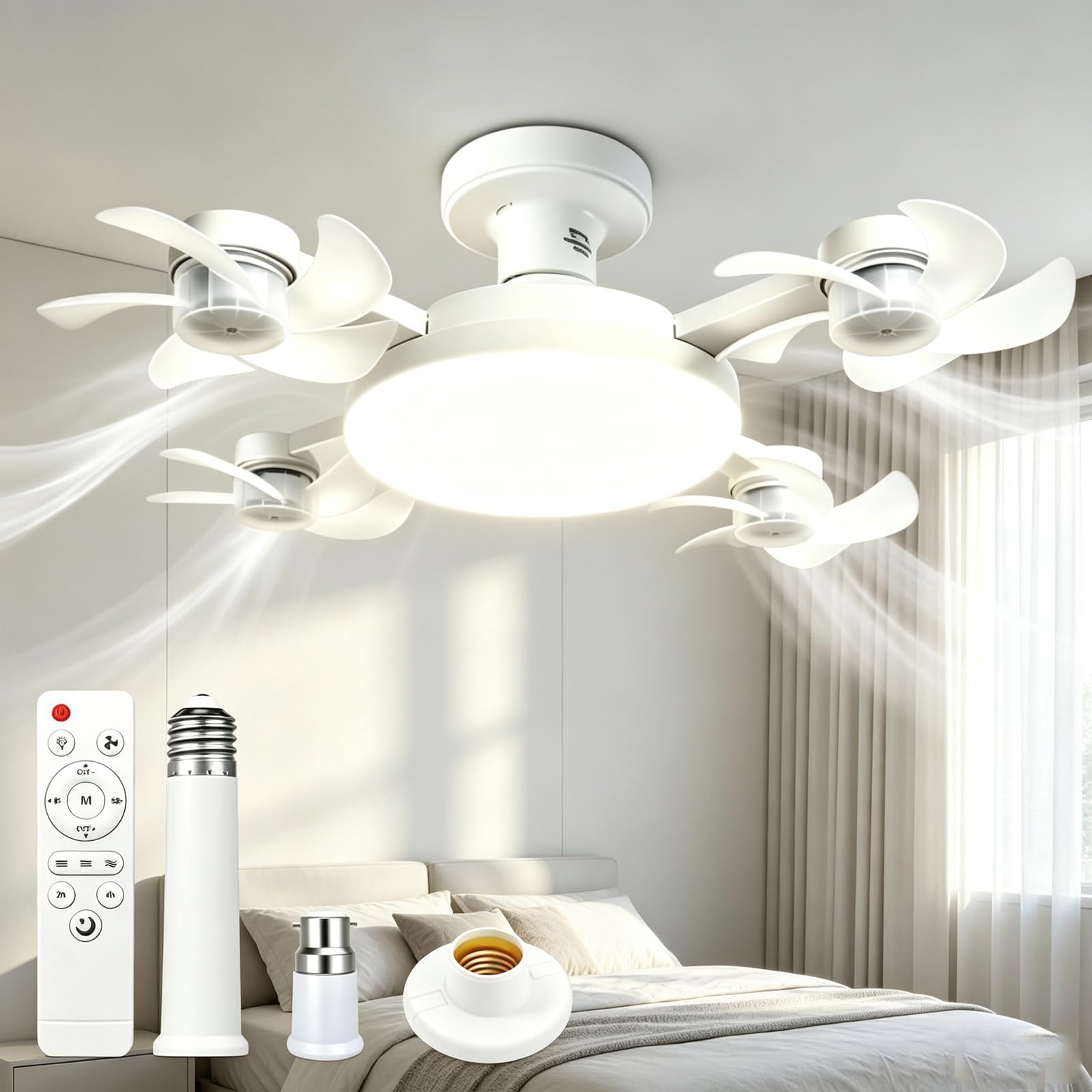 ANBTUKJ Ceiling Fan with Lights Remote, 4 Heads 60W 3 Speeds Dimmable Modern Fan Light, 2-in-1 E27/B22 with Timer Quiet Mode for Bedroom Closet Garage