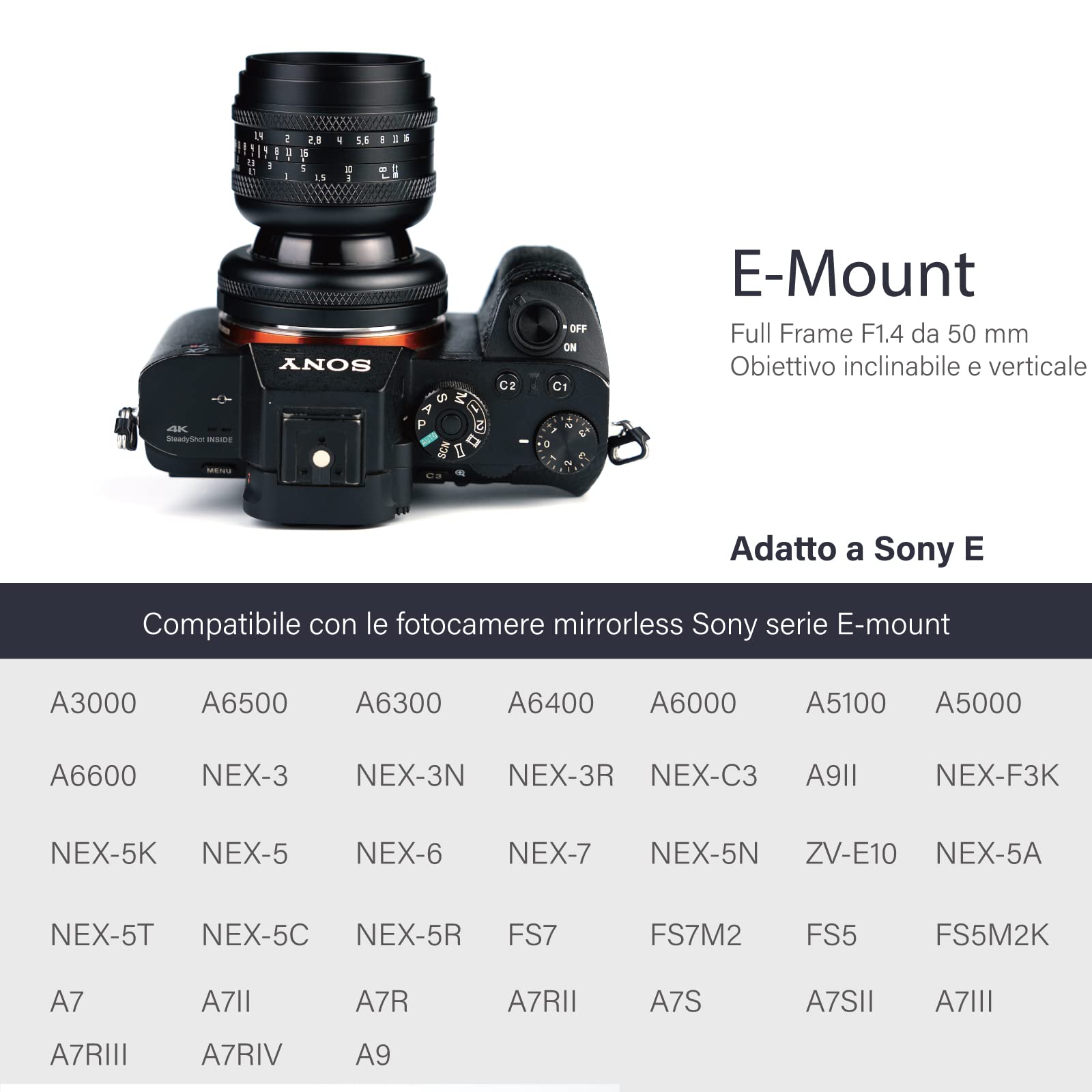 AstrHori 50mm F1.4 Lente ad ampia apertura Manuale full frame Obiettivo inclinabile 2 in 1 Compatibile con fotocamera mirrorless Sony E-Mount A7,A7R,A7S,A9,A6000,A6300,A6500,A6600,etc(nero)