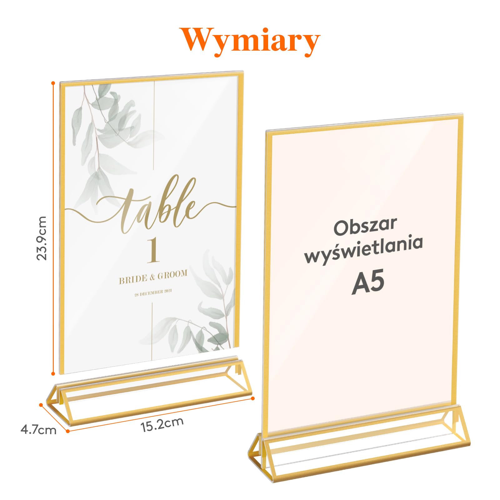 Lifewit 6-częściowy akrylowy uchwyt na znak A5 ze złotymi ramkami, przezroczysty pionowy dwustronny stojak, uchwyty na menu, uchwyty na numer stołu, ramki na zdjęcia na wesele, imprezę, restaurację