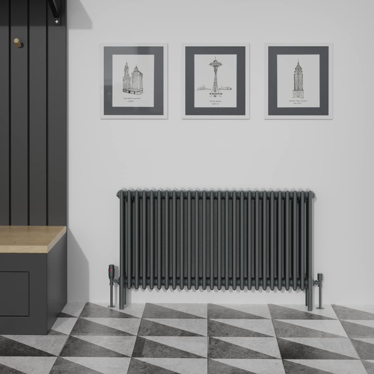 Warmehaus Traditional Cast Iron Style Anthracite 4 Column Horizontal Radiator 600x1190mm Central Heating Space Saving Radiators