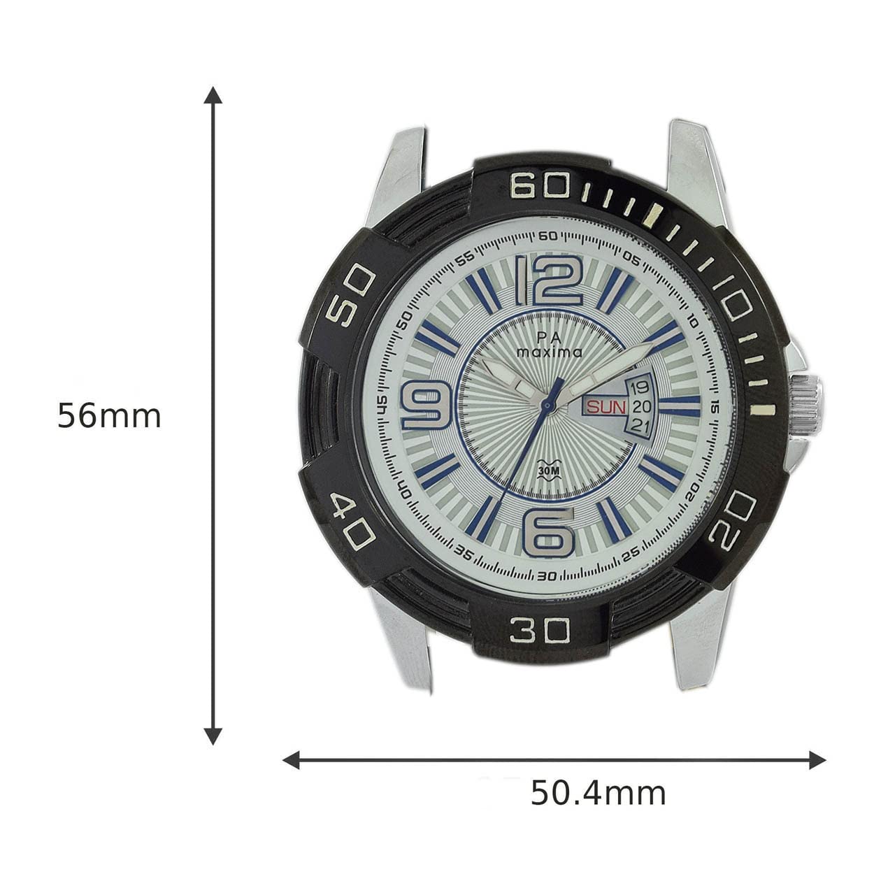 Diagram showing dimensions of the Maxima 38120LMGI watch: 56mm height and 50.4mm width