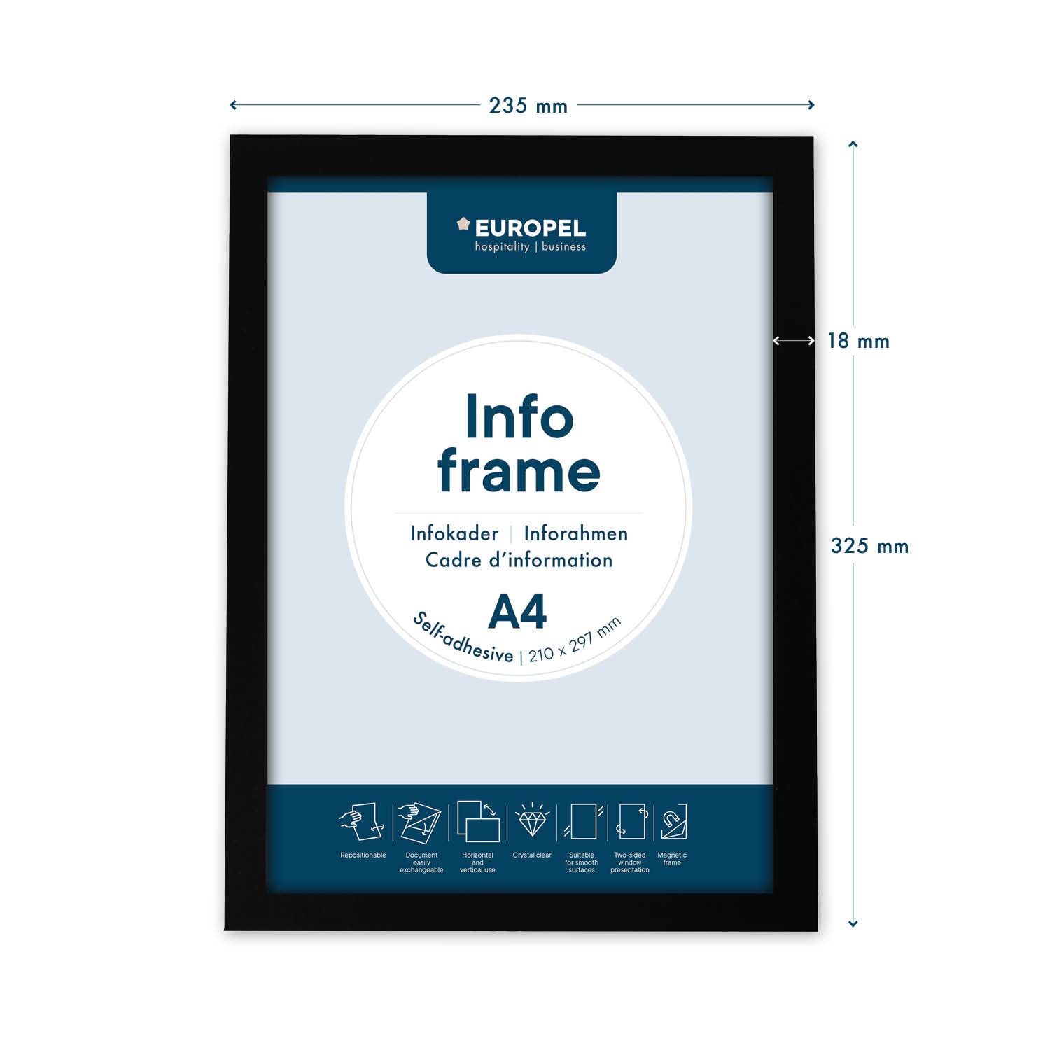 EUROPEL Samoprzylepna magnetyczna ramka informacyjna z PCW, A4 czarna, zestaw 2 sztuk, łatwe odklejanie za pomocą magnesu, dwustronna, format pionowy lub poziomy, 32,5 x 23,8 cm