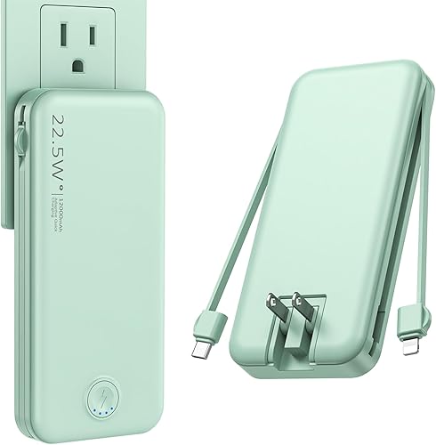 Cargador portátil de carga súper rápida de 22.5 W con enchufe de pared, cargador de batería USB-C de 12000 mAh, 2 cables integrados, cargador de