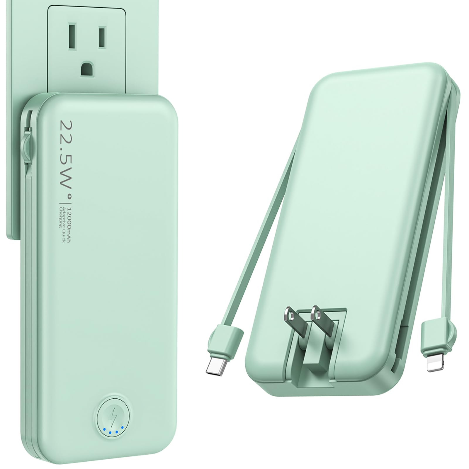 22 5W Super Fast Charging Portable Charger with Wall Plug 12000mAh USB-C Power Bank Built-in 2 Cable Lightweight