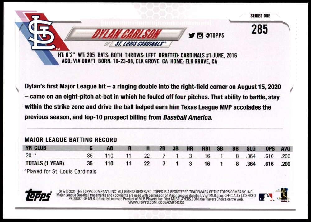 2021 Topps Oversized Variation Short Prints #285 Dylan Carlson S49 St. Louis Cardinals Official MLB Baseball Trading Card (5 by 7 inches) Stock Photo Used, Serial Number will vary out of 160