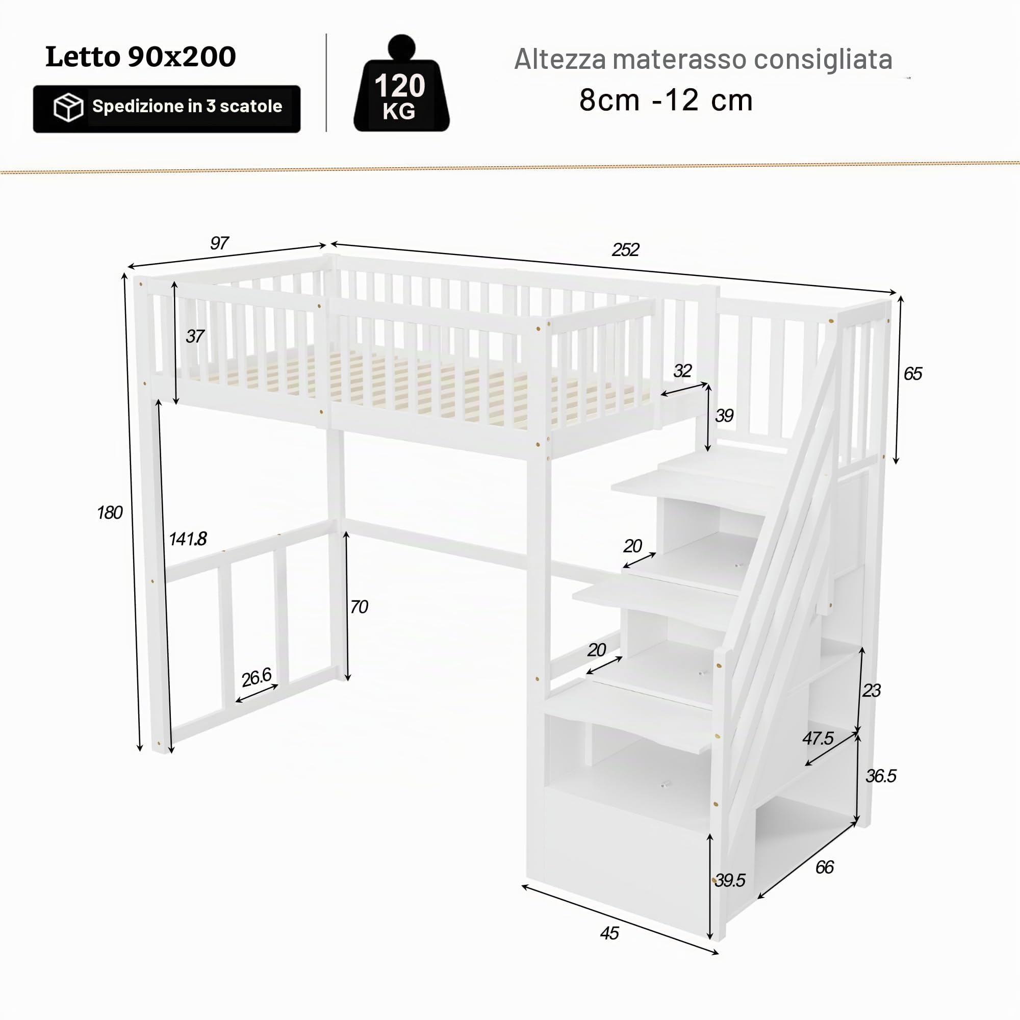Kebnor Letto a soppalco 90 * 200 cm con scala di sicurezza e vano portaoggetti, struttura letto in legno di pino massello per bambini e ragazzi (Bianco)