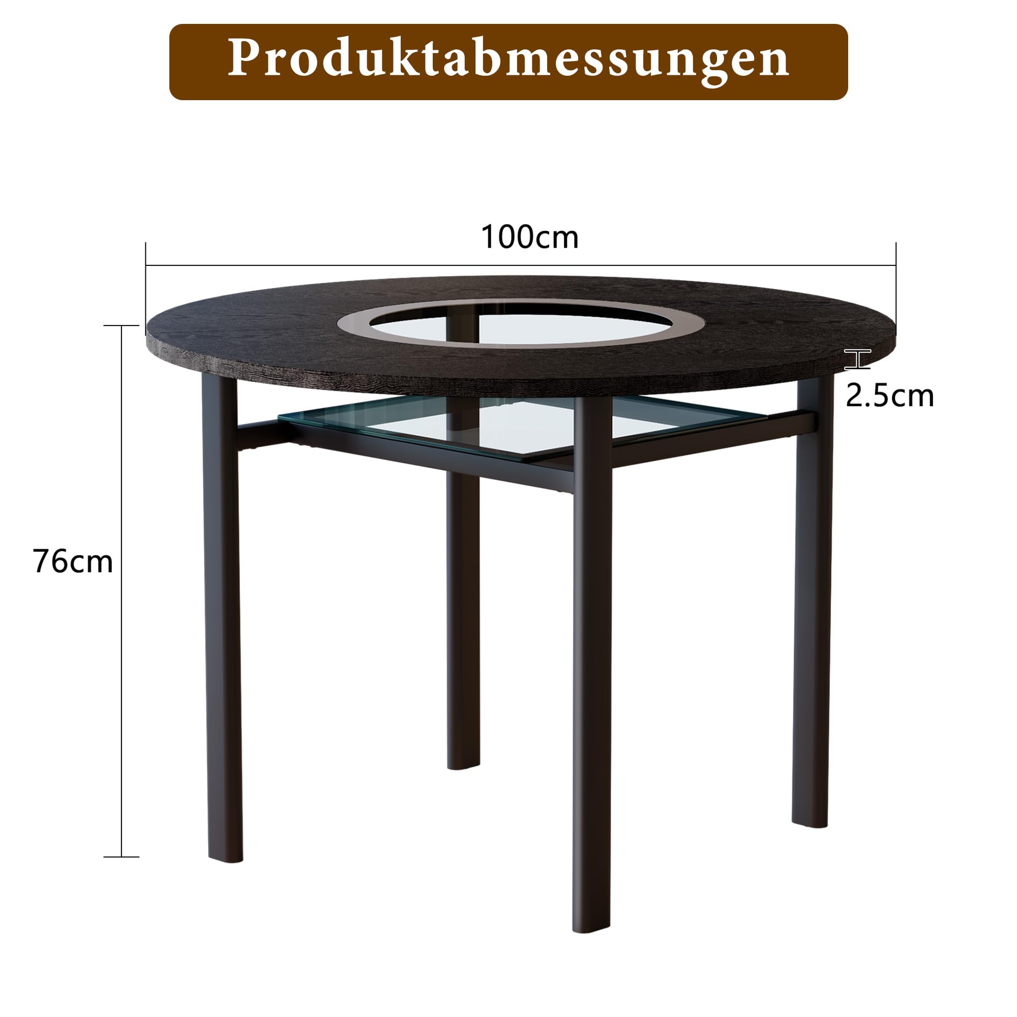 Mesa de Comedor Redonda de MDF y Cristal, Salón y Cocina, Negro, 100 cm