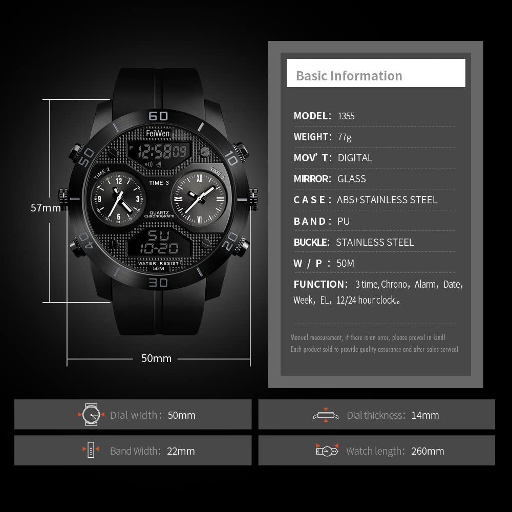 Homme Mode Analogique Quart LED Électronique Temps Trois Digital Montres Bracelet 50M Étanche Outdoor Militaires Sport Montre Chronomètre Calendrier (Noir)