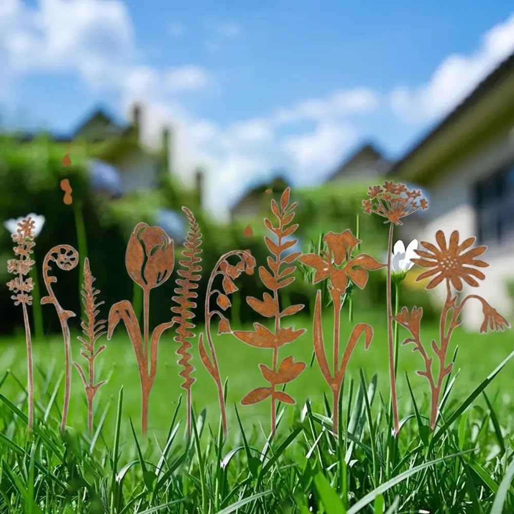 10 Pezzi Decorazioni da Giardino in Metallo Arrugginito, Fiori Rustici per Esterni, 10 Design Unici, Installazione a Pressione Senza Attrezzi, per Aiuole, Vasi, Sentieri, Cortile