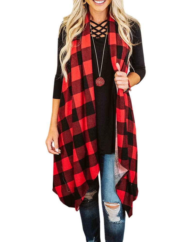 IvayWomens Plaid Open Front Sweaters Sleeveless Duster Cardigans Drape Lightweight Vest Coat with Pockets